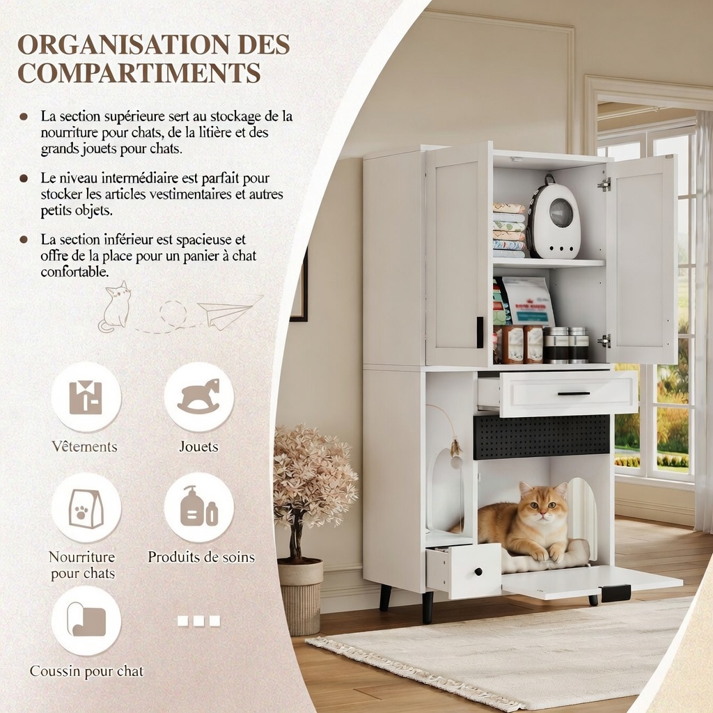 Meuble chat gris complet avec chat dedans vue frontale