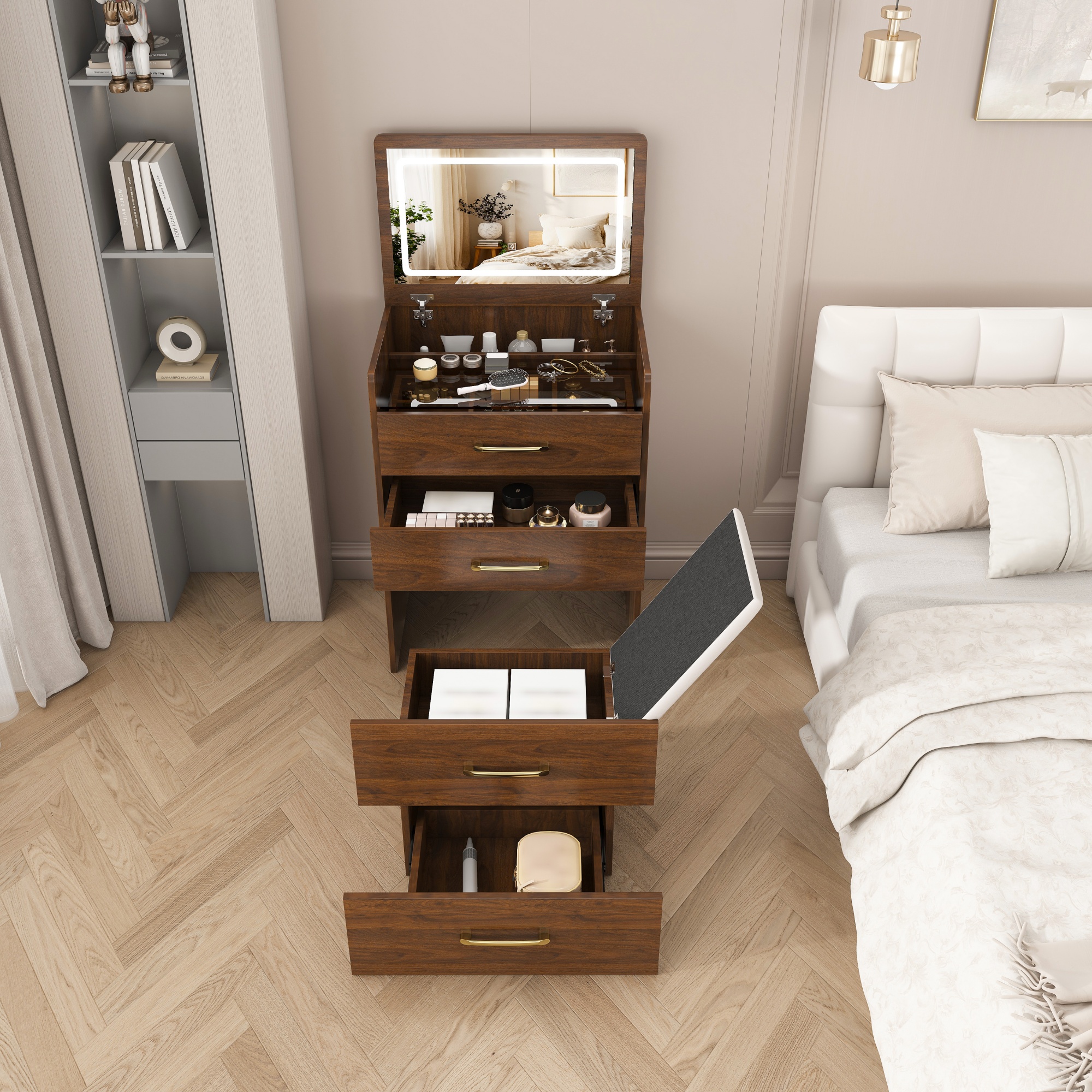 Tabouret rangé sous coiffeuse tiroirs ouverts rangement bijoux