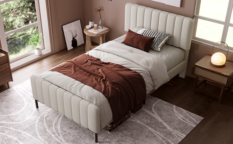 Lit simple rembourré gris beige 90 x 200 cm en tissu lin avec tête de lit réglable et sommier à lattes