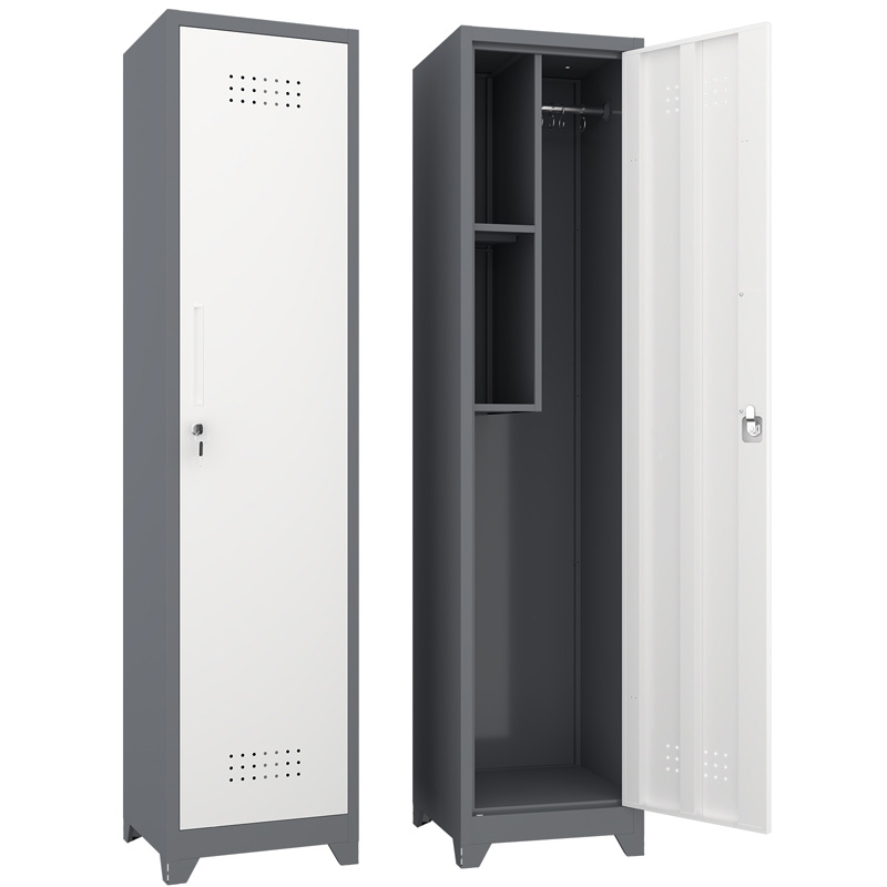 Armoire métallique grise de rangement avec porte verrouillable, étagères et barre de suspension
