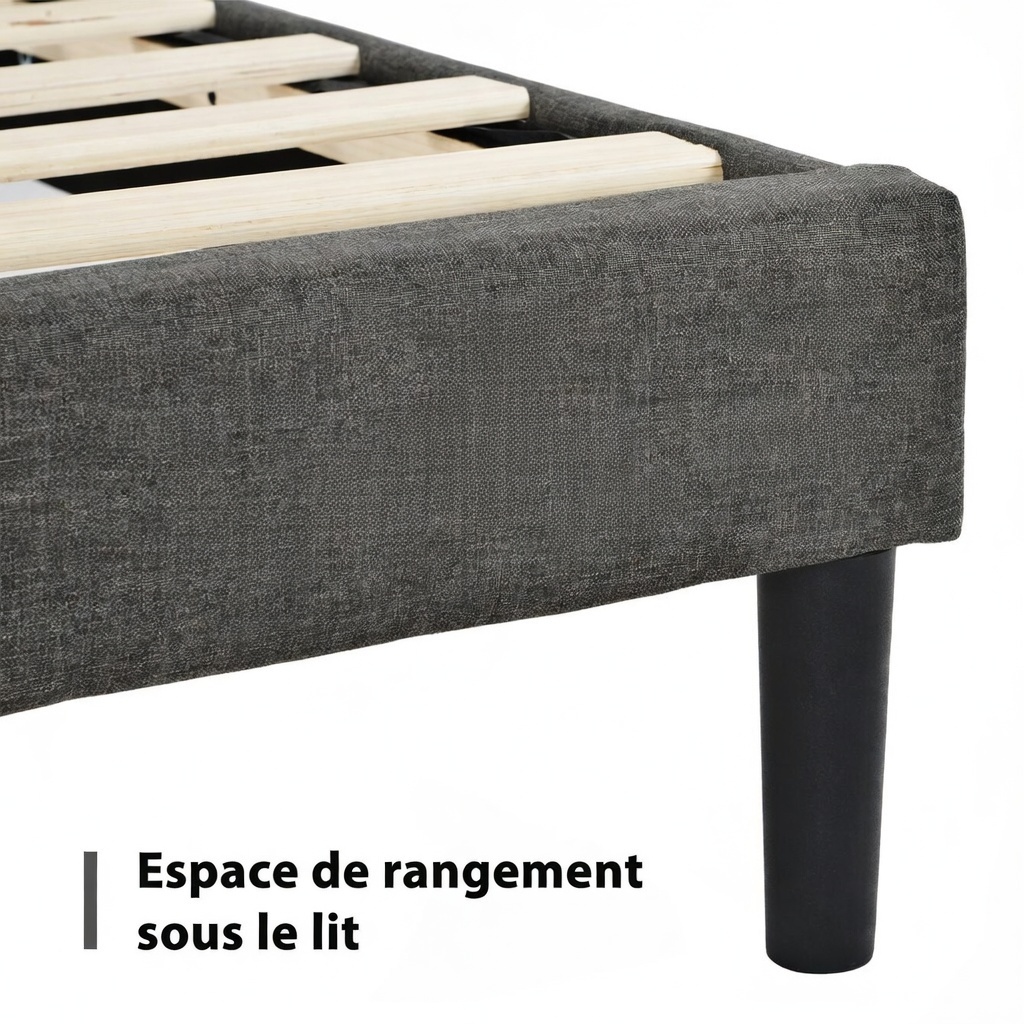 Lit double rembourré gris foncé tête de lit coussinée vue complète