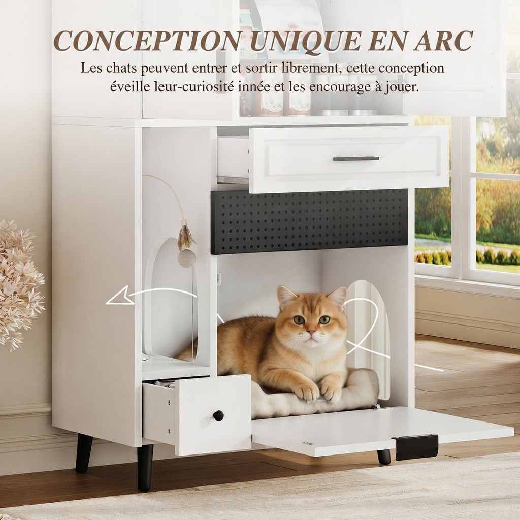 Meuble chat portes ouvertes montrant tiroirs et étagères