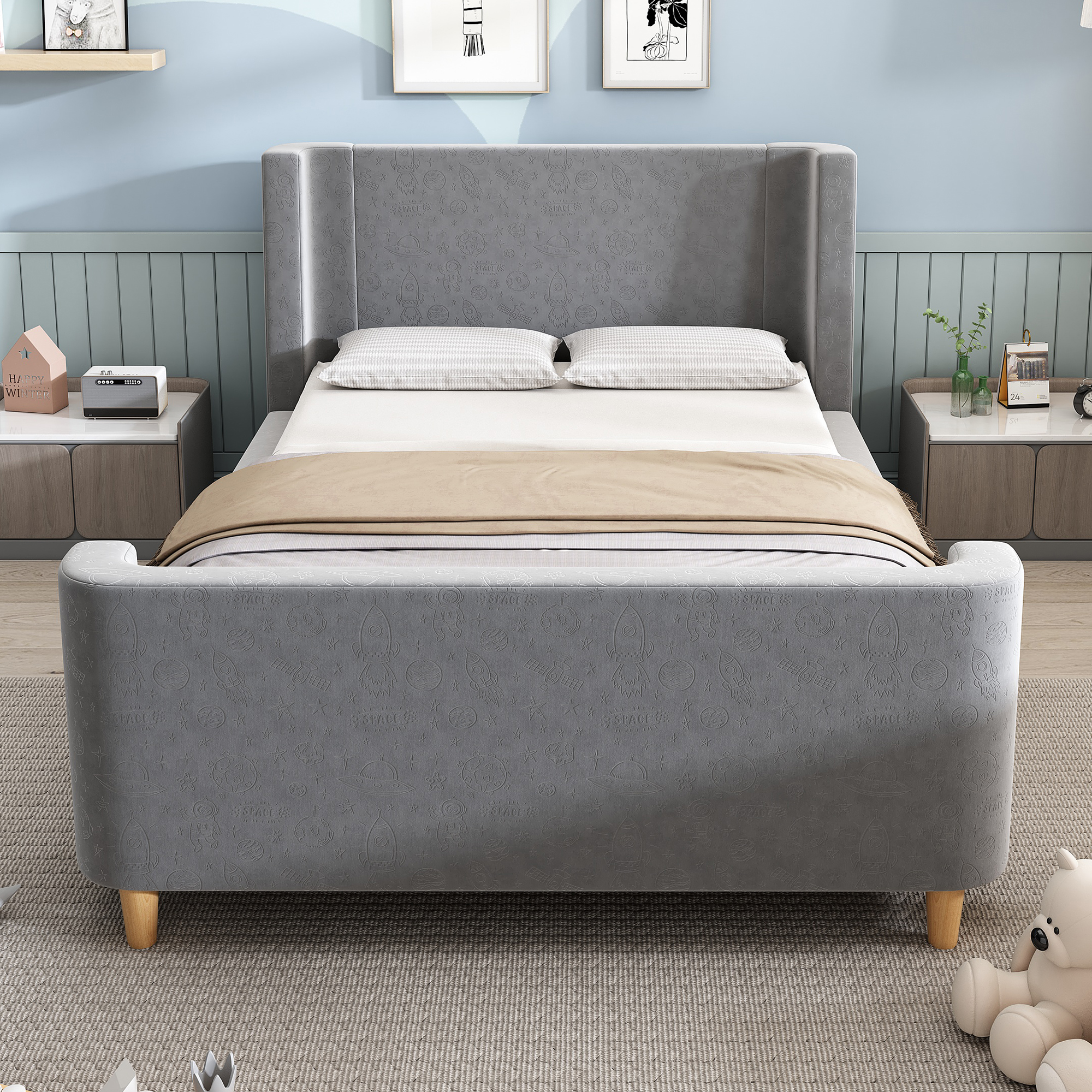 Lit enfant velours tête rembourrée motif espace détail