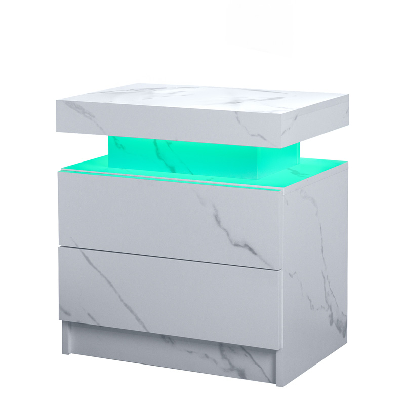 Table de chevet blanche avec éclairage LED et 2 tiroirs