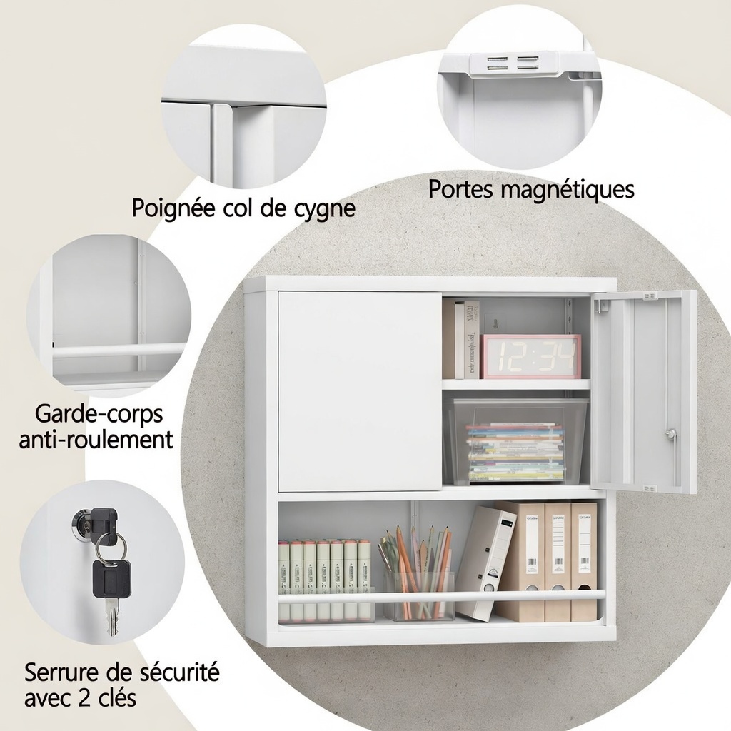 Armoire murale métal noir fixée au mur en garage