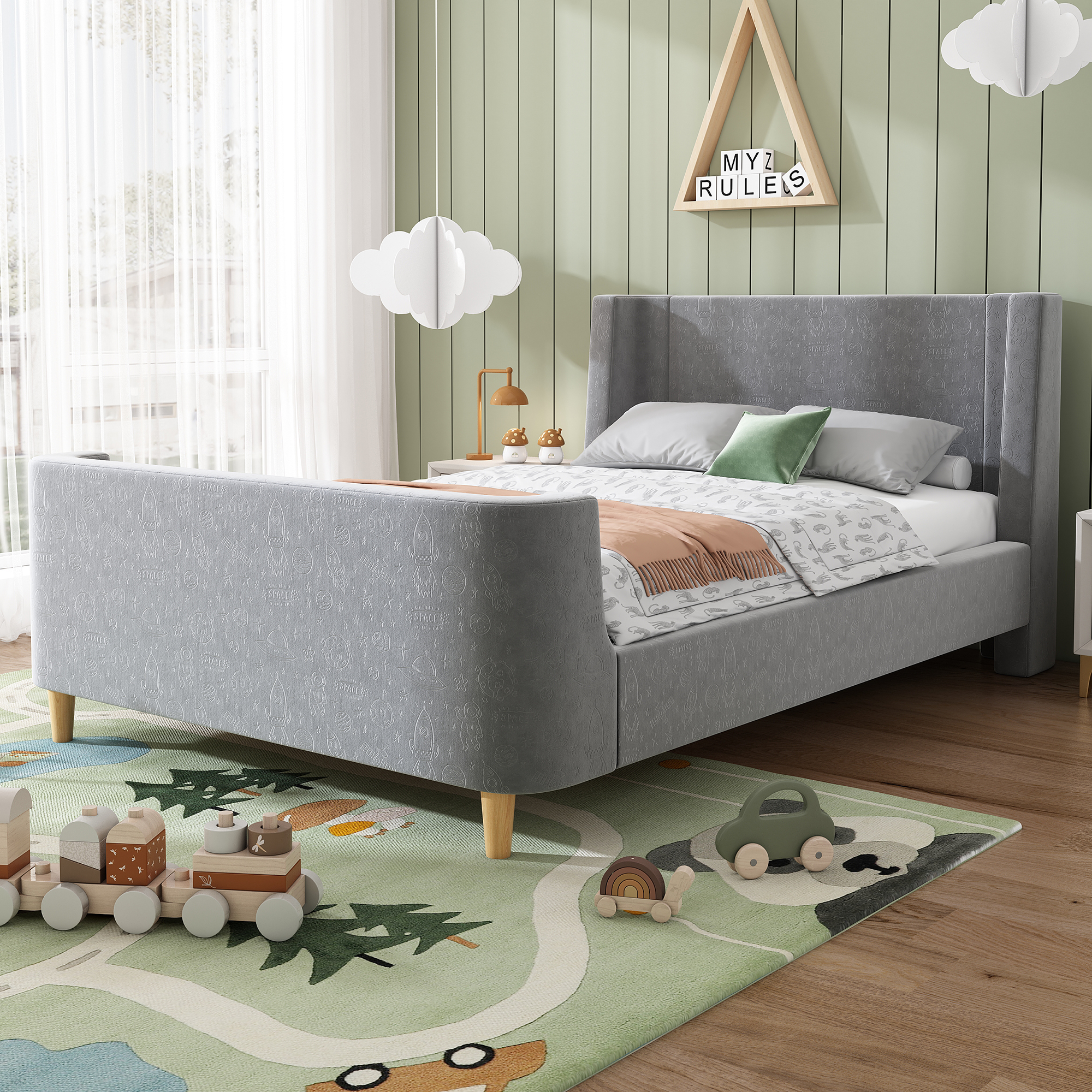 Lit enfant gris velours motif espace vue complète chambre