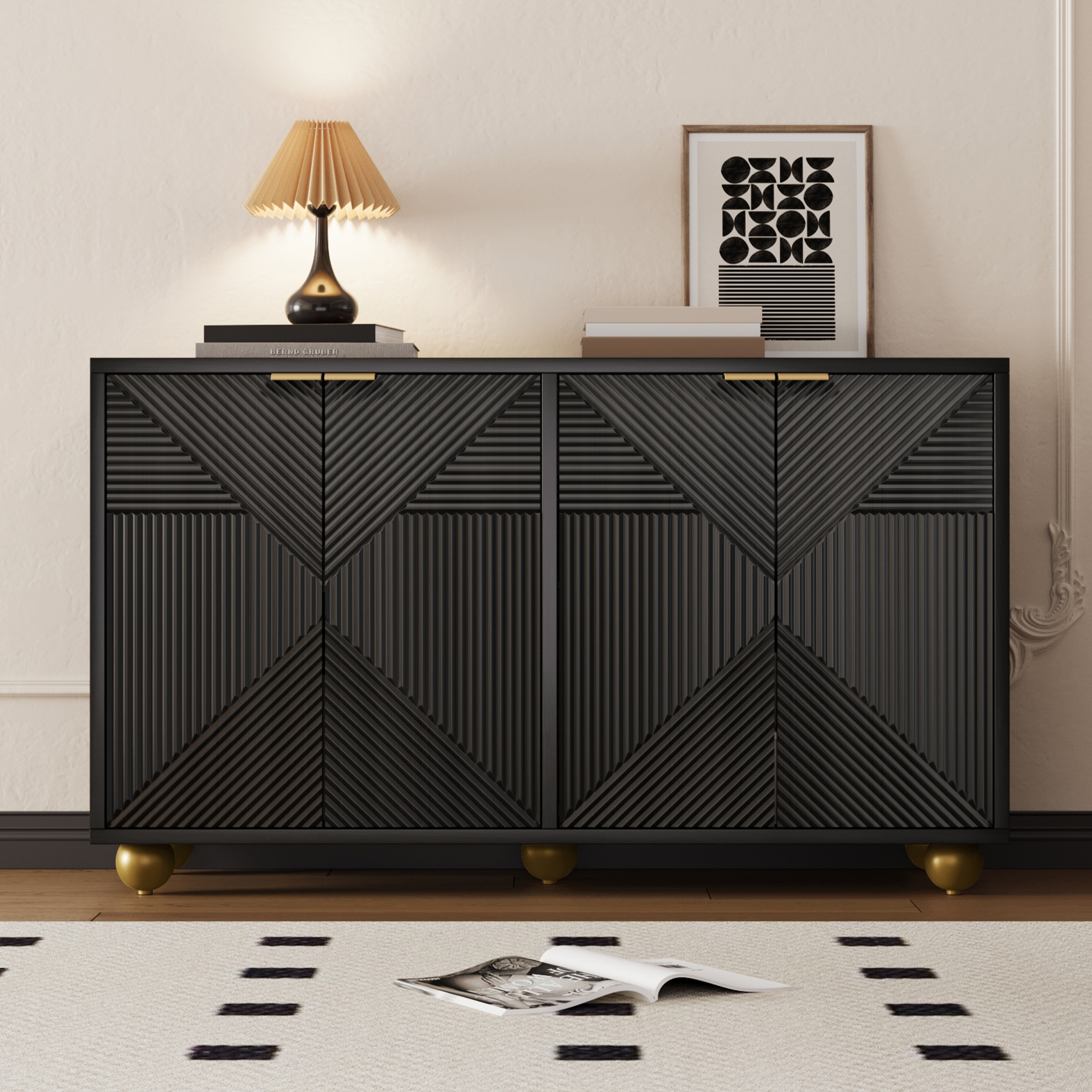 Sideboard 4 portes gravées blanc vue complète salon élégant