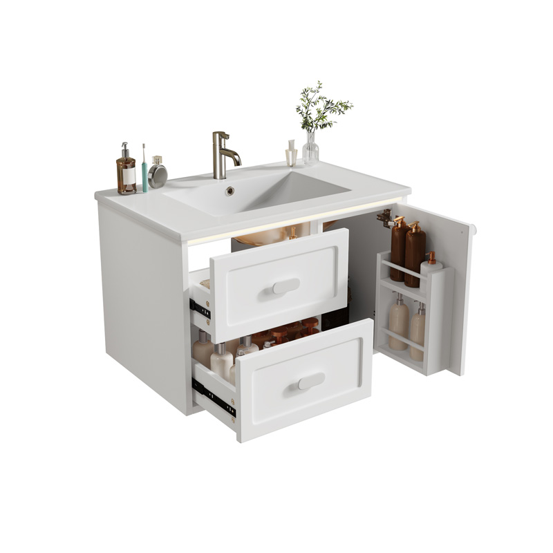 Meuble vasque suspendu blanc 76 cm avec lavabo en céramique, deux tiroirs et éclairage LED à détection radar