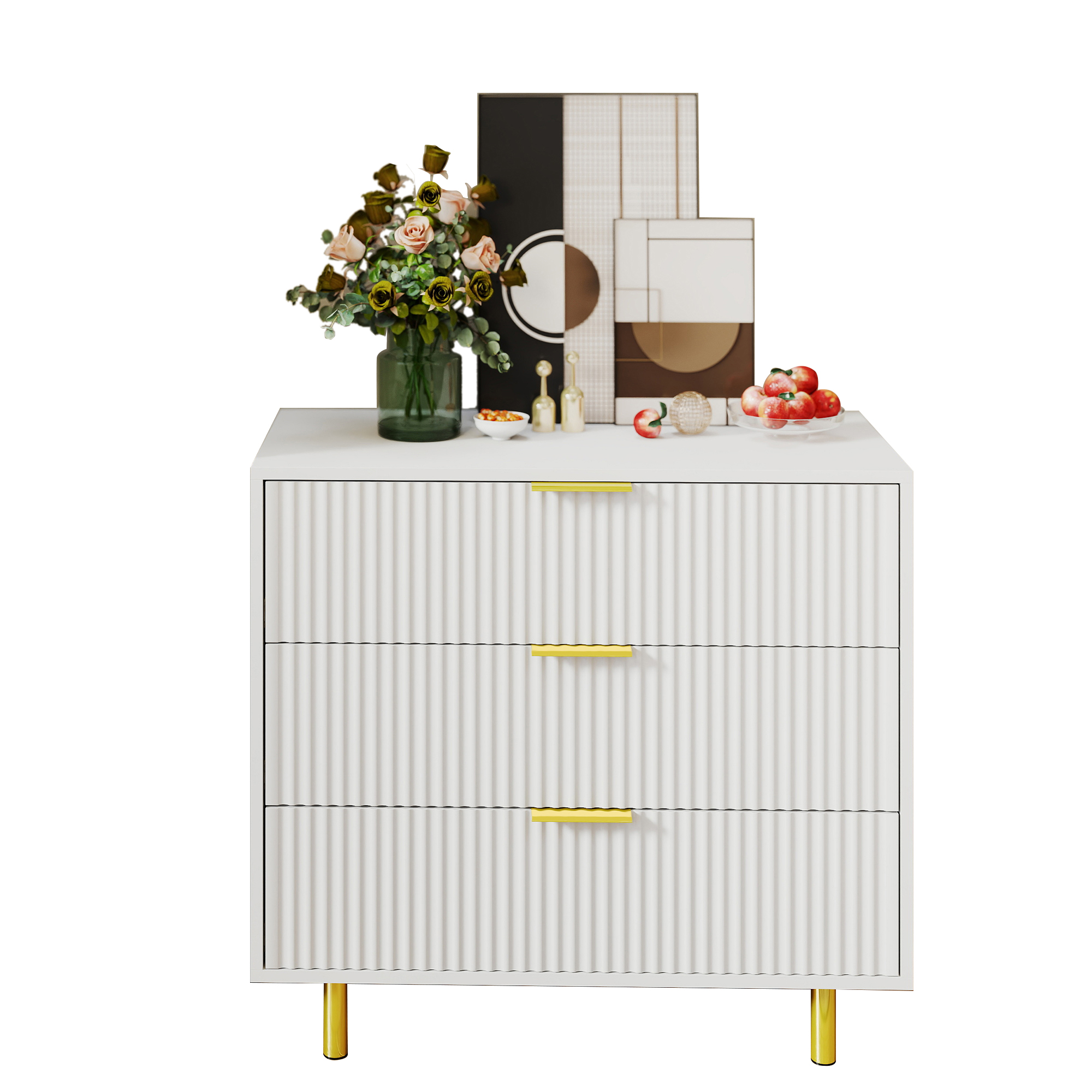 Commode avec pieds métalliques dorés vue de côté