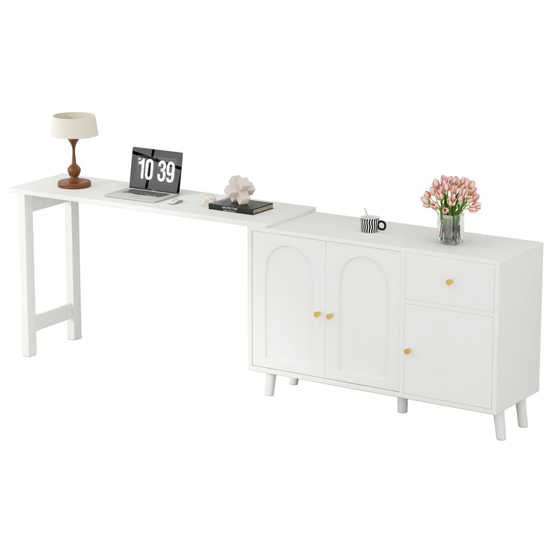 Bureau 2-en-1 blanc avec buffet intégré, plateau pivotant à 360 degrés et rangements