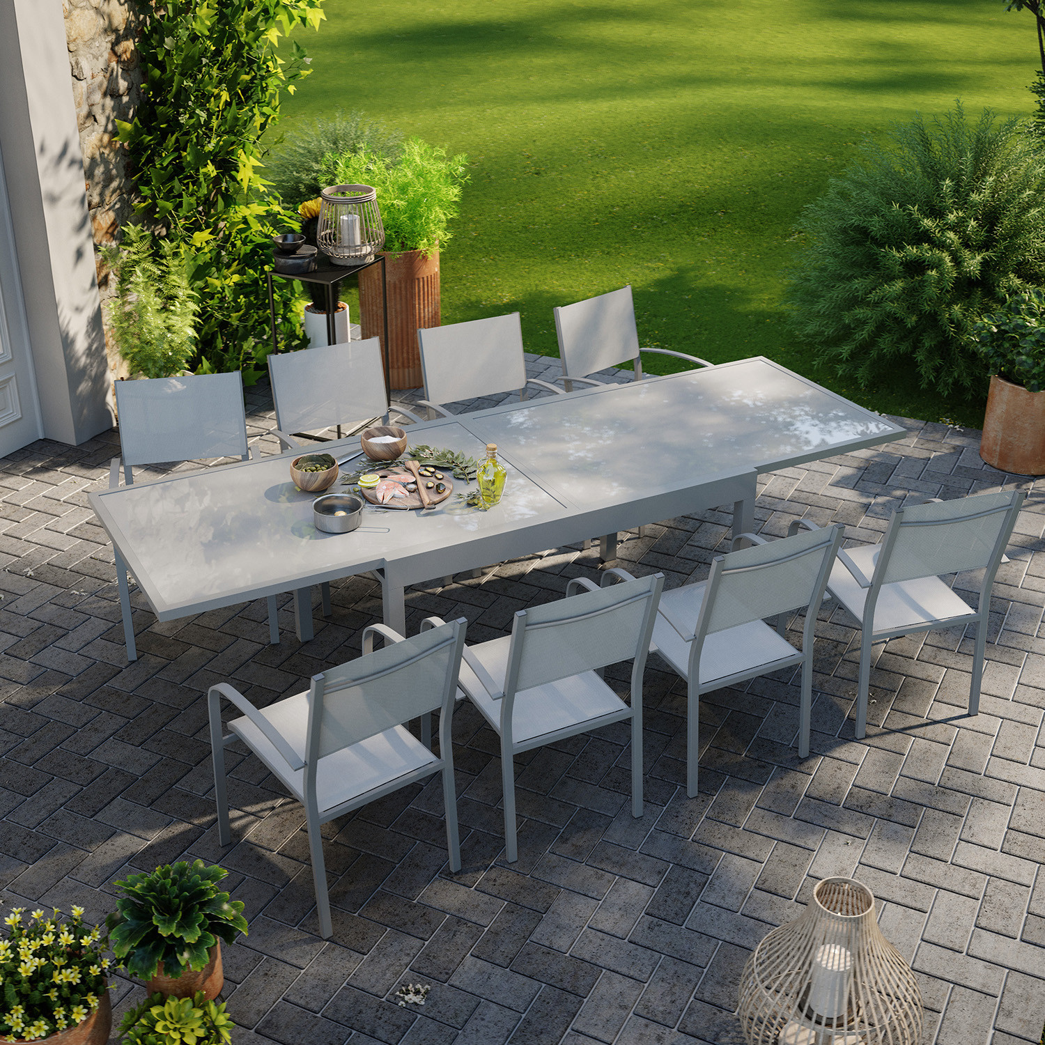 Table de jardin extensible en aluminium 270cm + 8 fauteuils