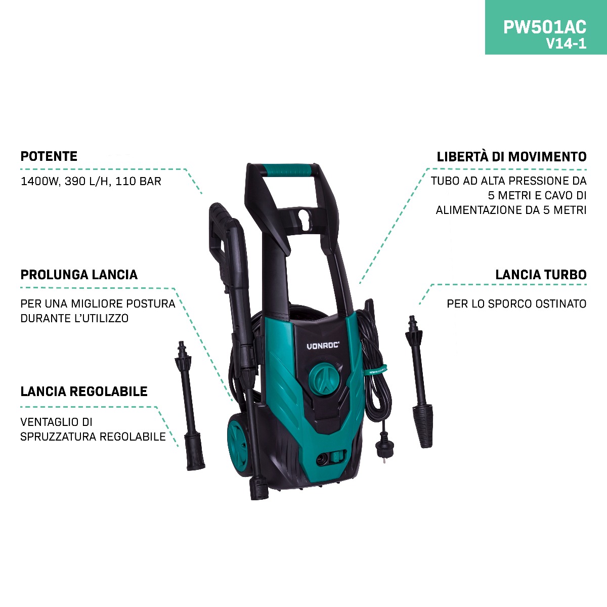 VONROC PW501AC Idropulitrice ad alta pressione V14-1 1400W - 110 bar - 390 l / h
