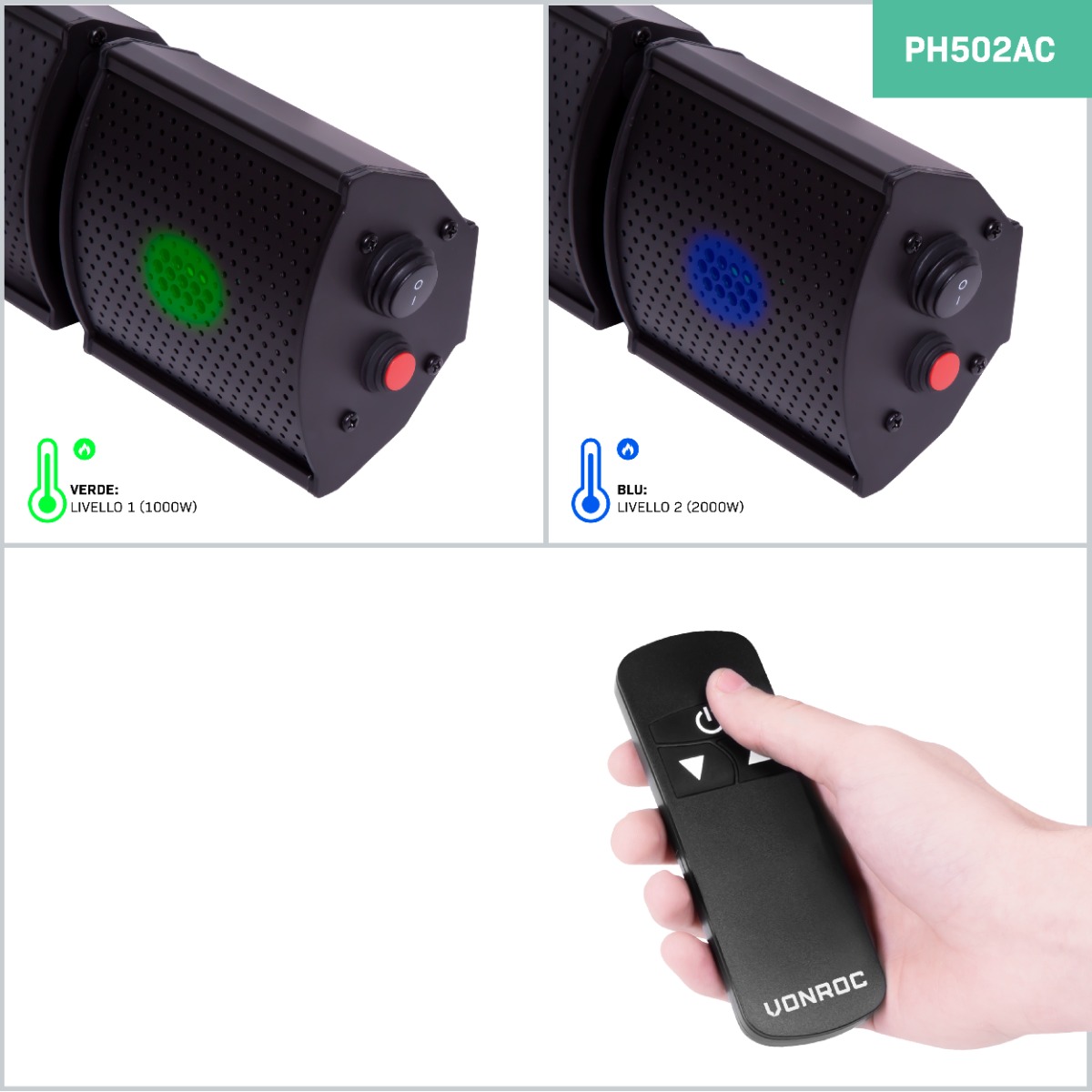 VONROC PH502AC Stufa riscaldante a infrarossi 2000W da esterno
