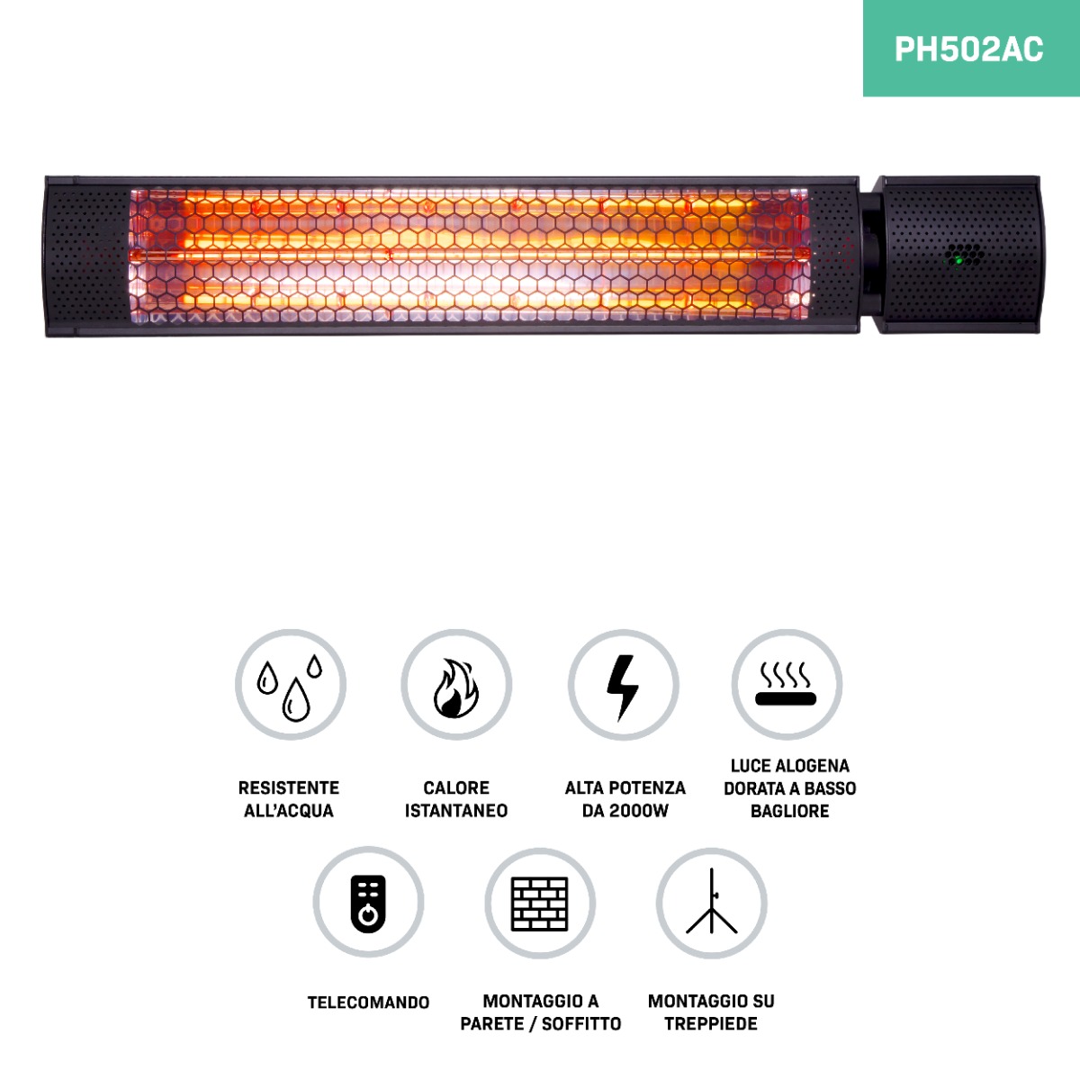 VONROC PH502AC Stufa riscaldante a infrarossi 2000W da esterno
