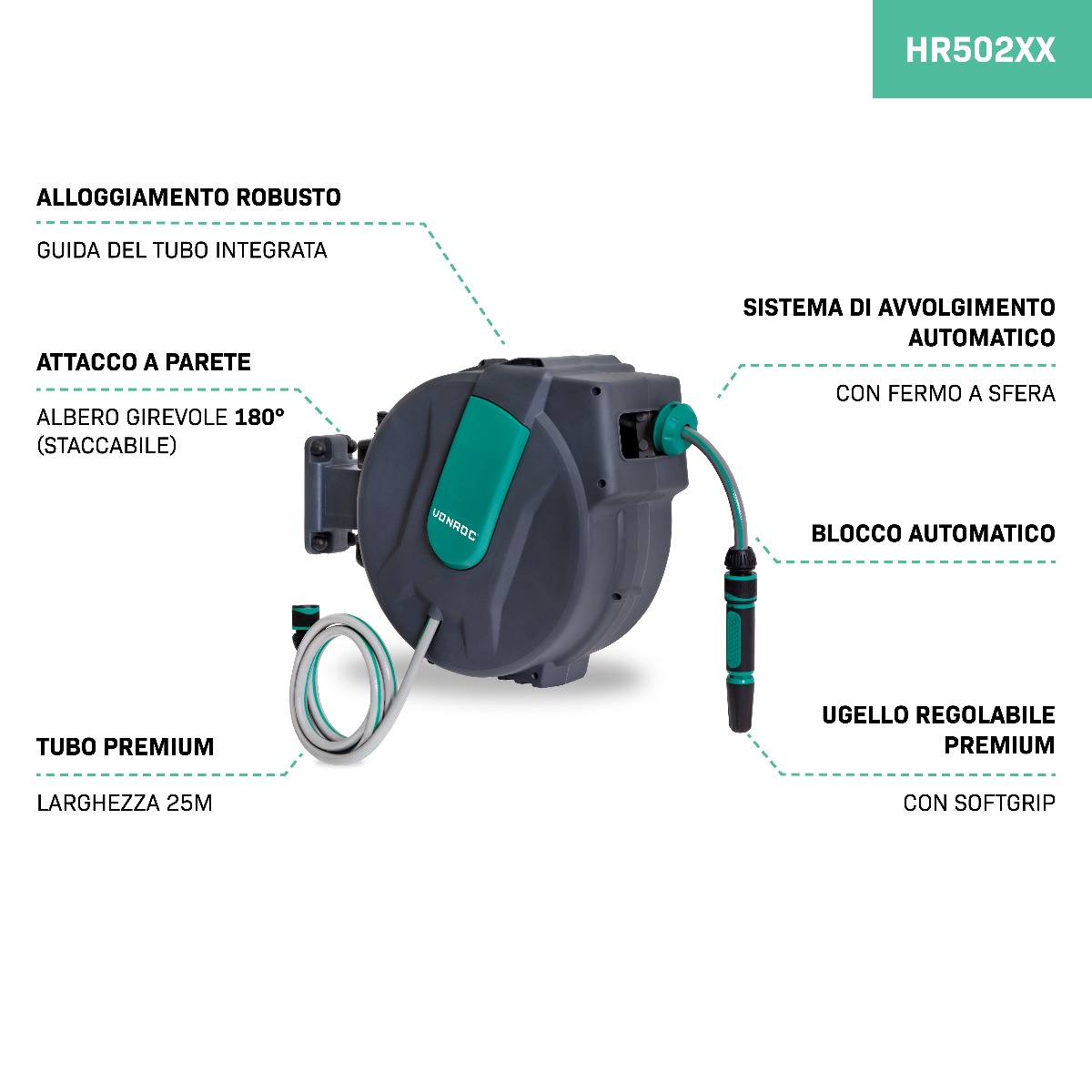 VONROC HR502XX Avvolgitubo retrattile automatico con tubo da 25m