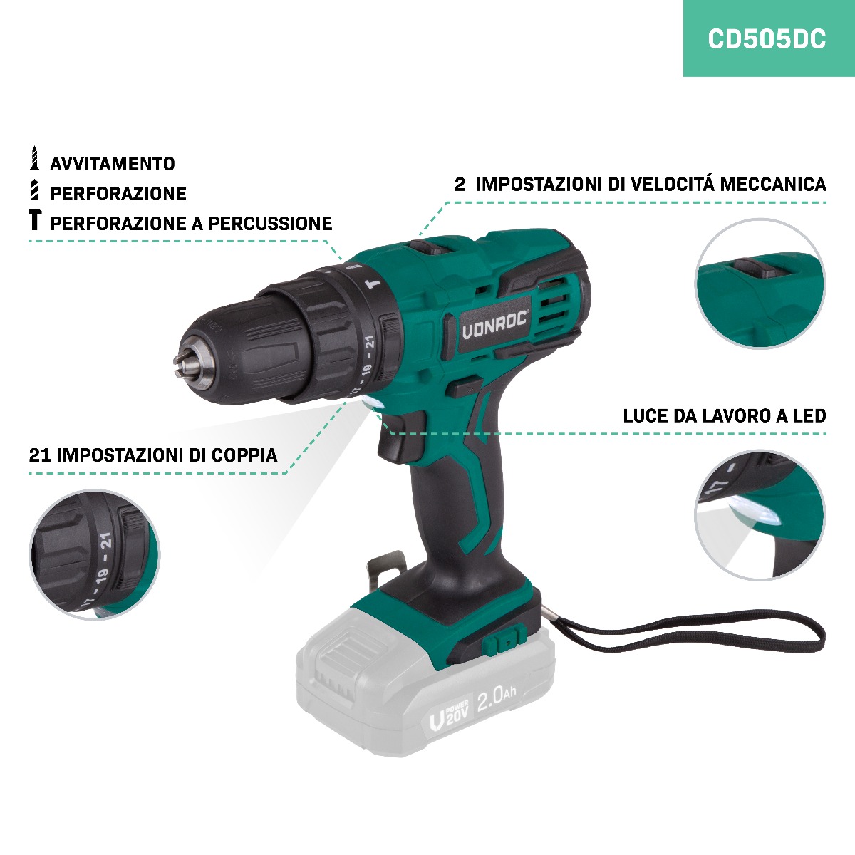 VONROC CD505DCTrapano a percussione a batteria VPOWER 20V.