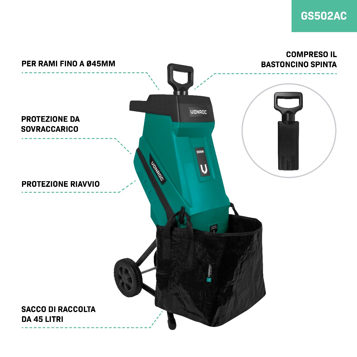 VONROC Biotrituratore 2500W  per rami fino 45mm
