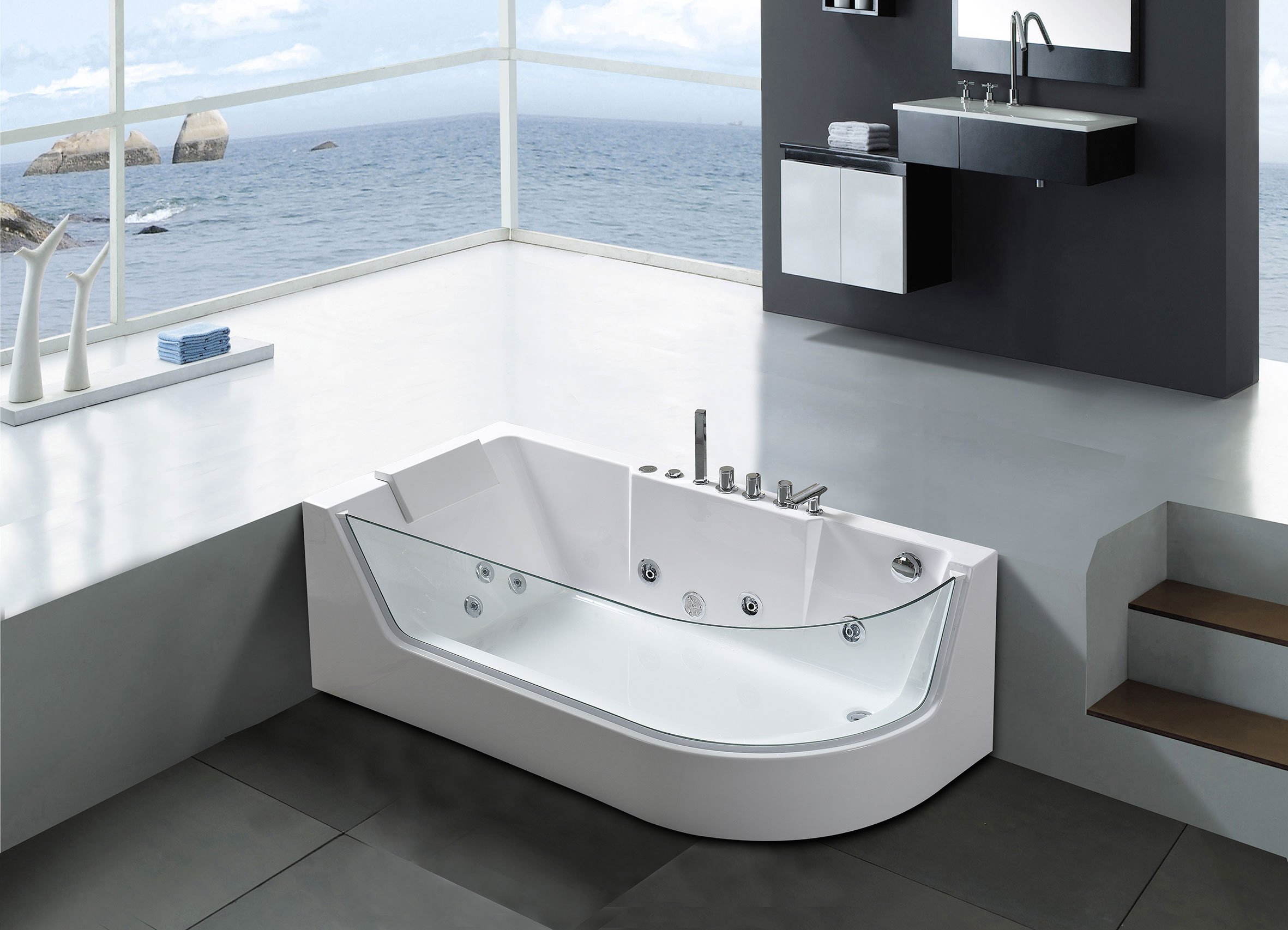 SIMBA WHIRLPOOL BATH TUB Venice WHITE HOT TUB 170x80cm WITH PANORAMIC GLASS -Comfort Bathroom Store