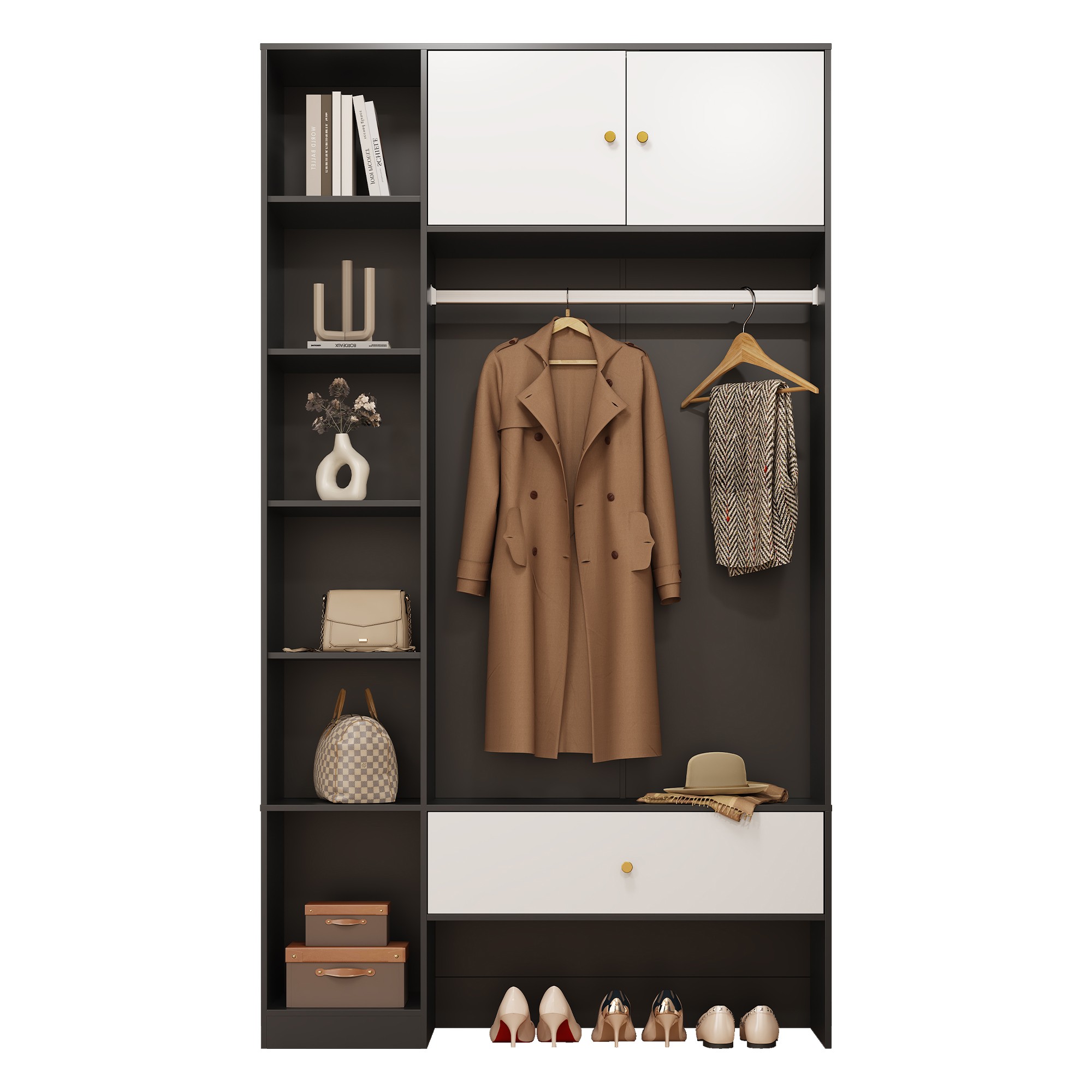 Garderobe entrée compacte noir et blanc avec portes ouvertes