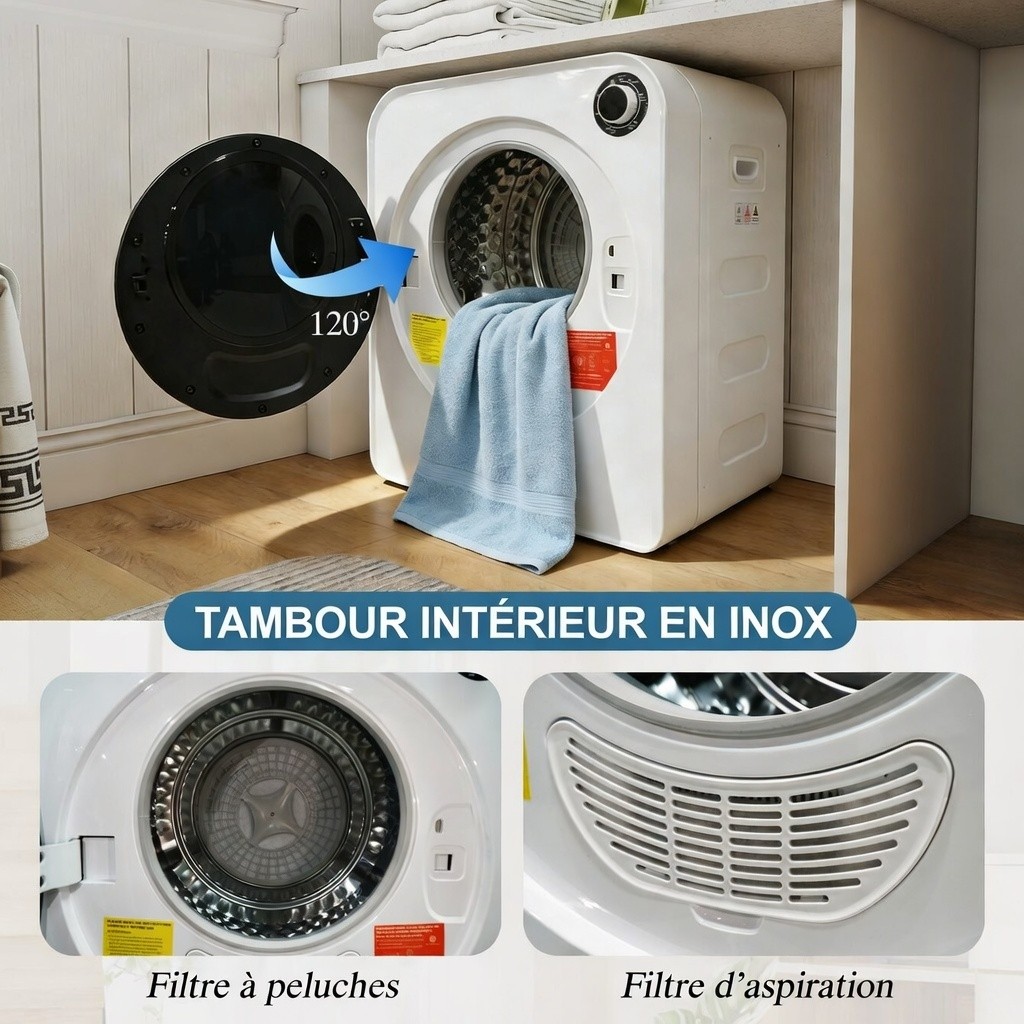 Sèche-linge en fonctionnement avec programmes affichés