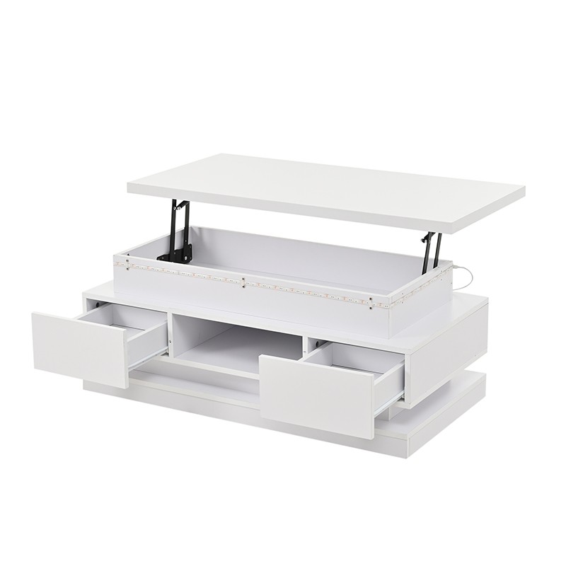 Table basse relevable blanche avec LED et rangement