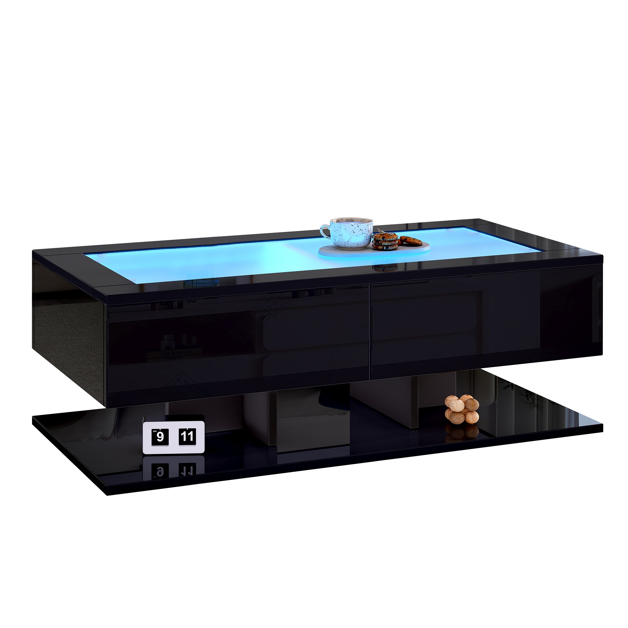 Table basse noir haut brillant avec LED RGB allumée