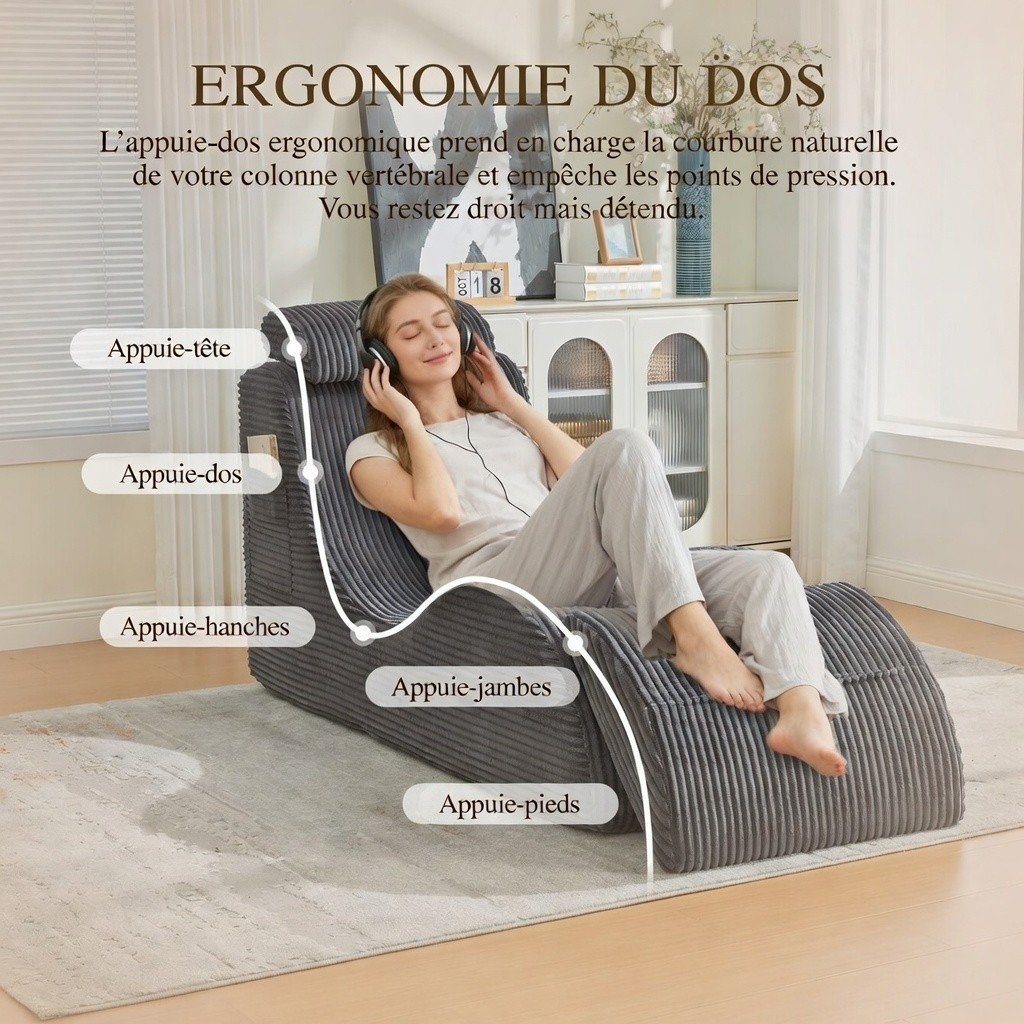 Fauteuil gris foncé déplié et forme optimale
