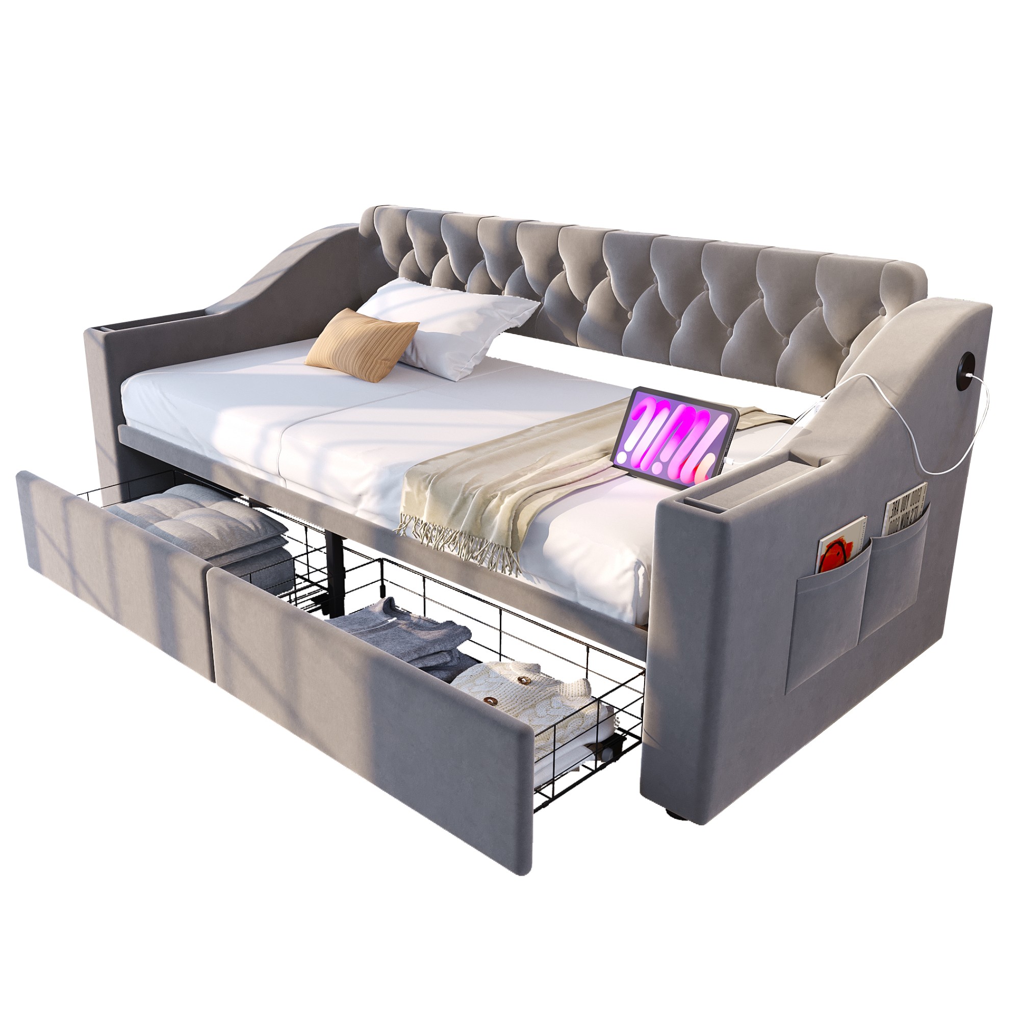 Lit banquette 90x190 gris clair en velours