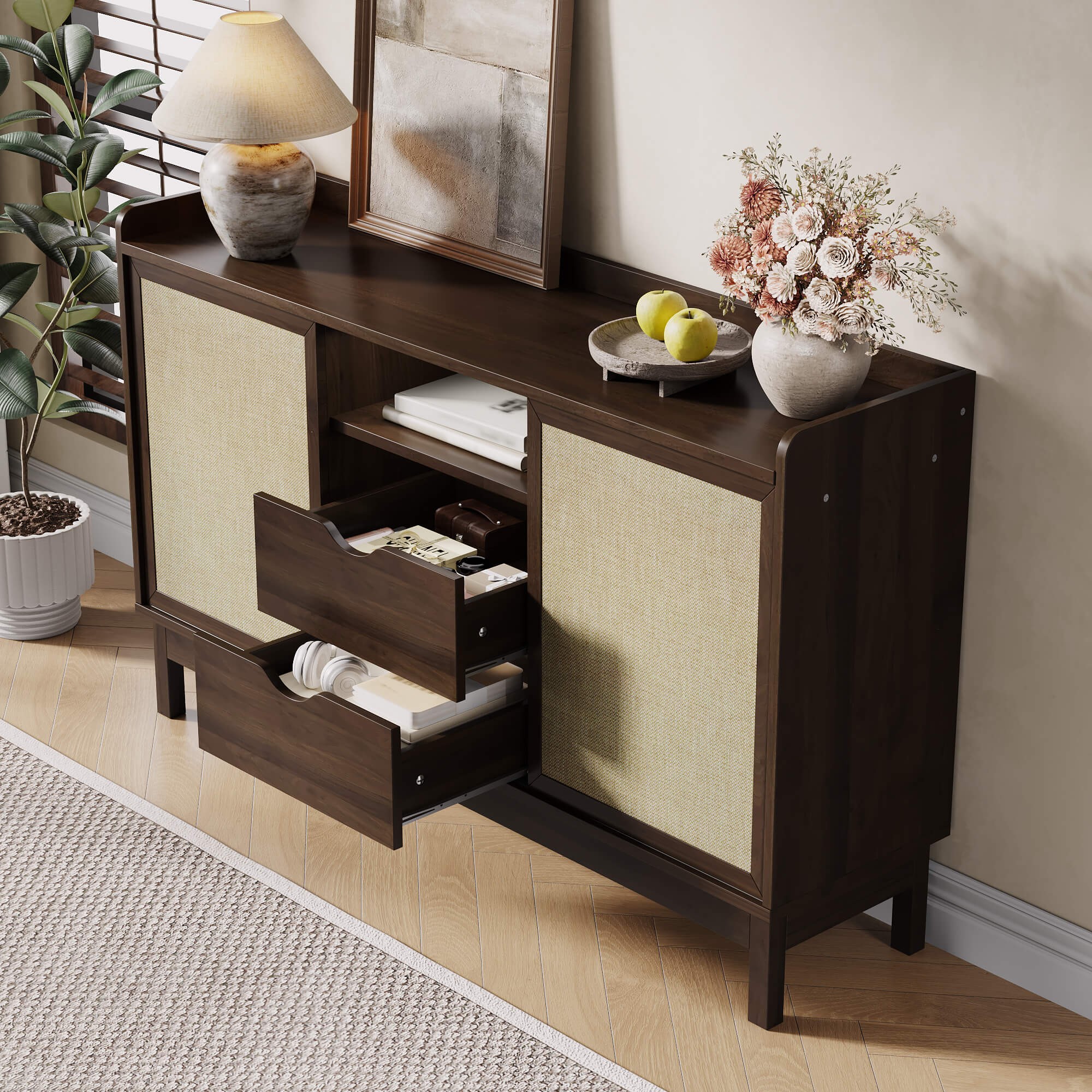 Rangement avec portes coulissantes et tiroirs