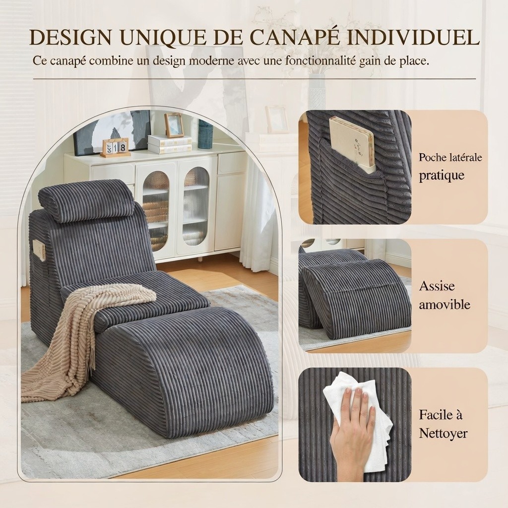 Fauteuil gris avec coussin amovible et poche latérale
