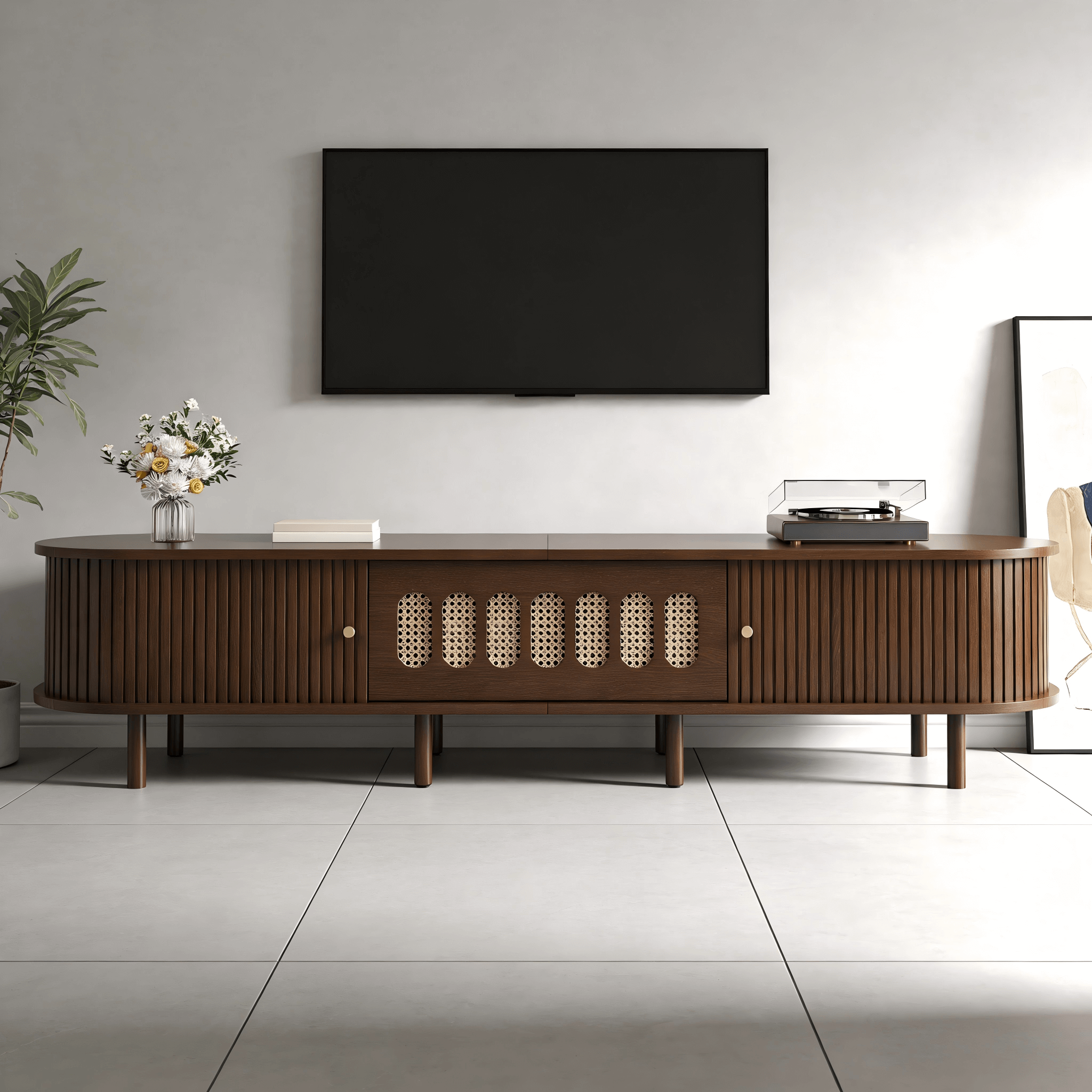 Meuble TV 180 cm noyer foncé et rotin