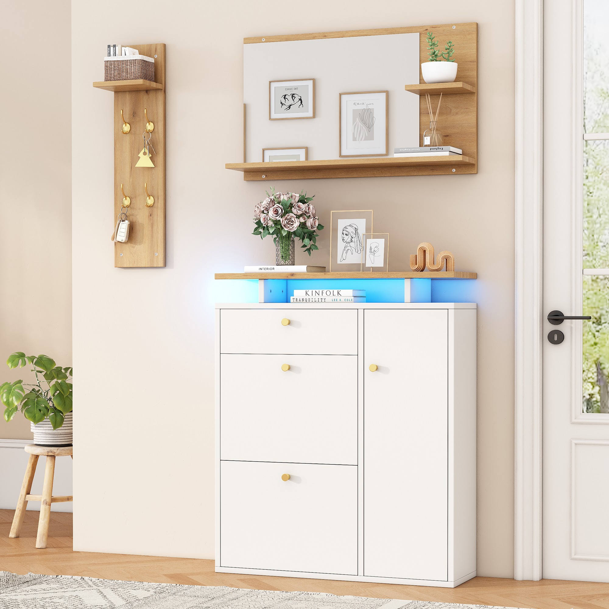 Set entrée complet avec miroir LED allumé et rangements