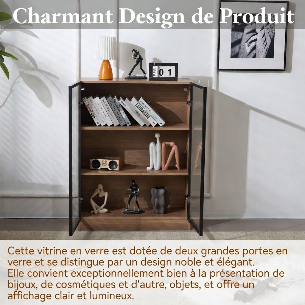 Intérieur vitrine avec 3 étagères en verre et cadres aluminium