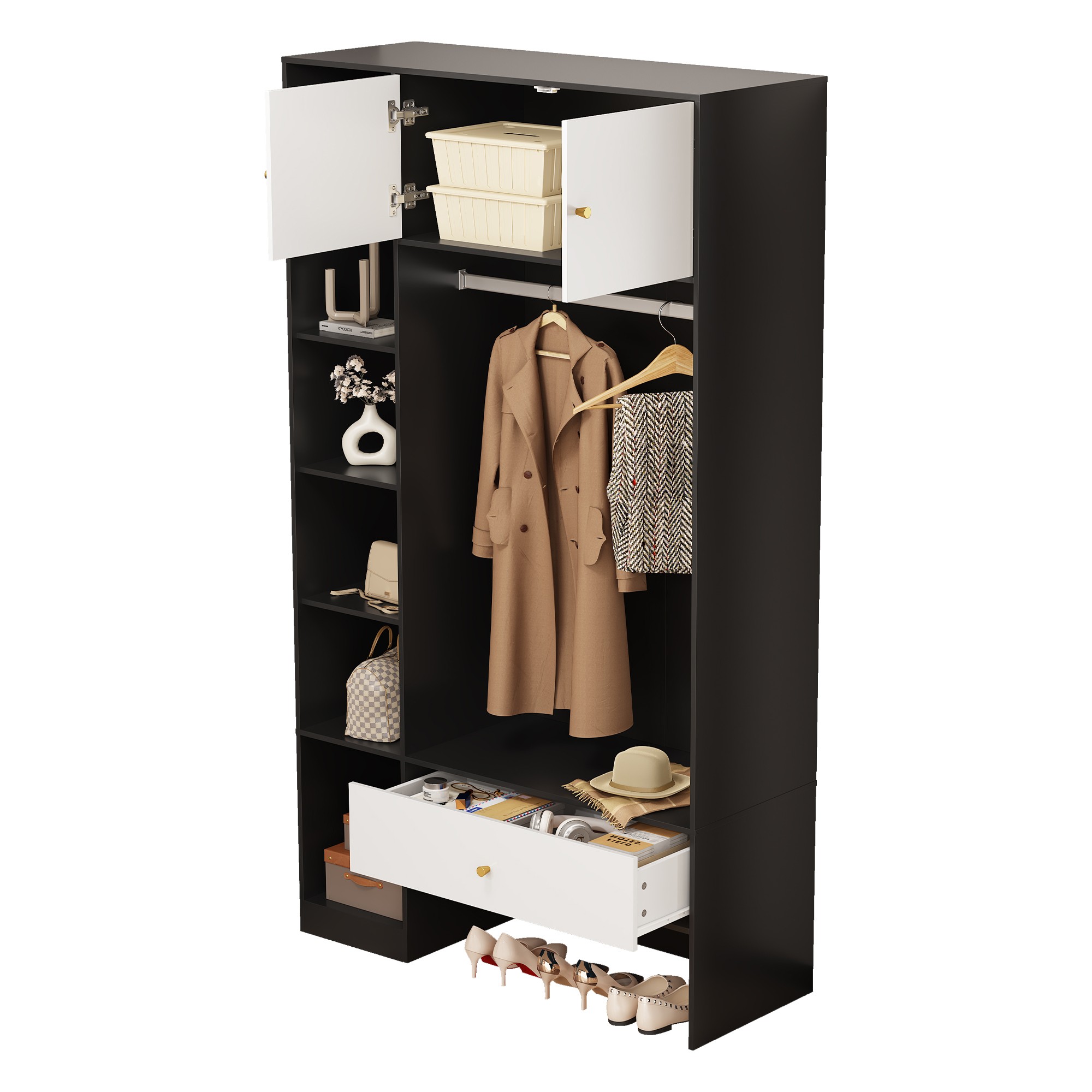 Garderobe entrée noire et blanche vue de face fermée