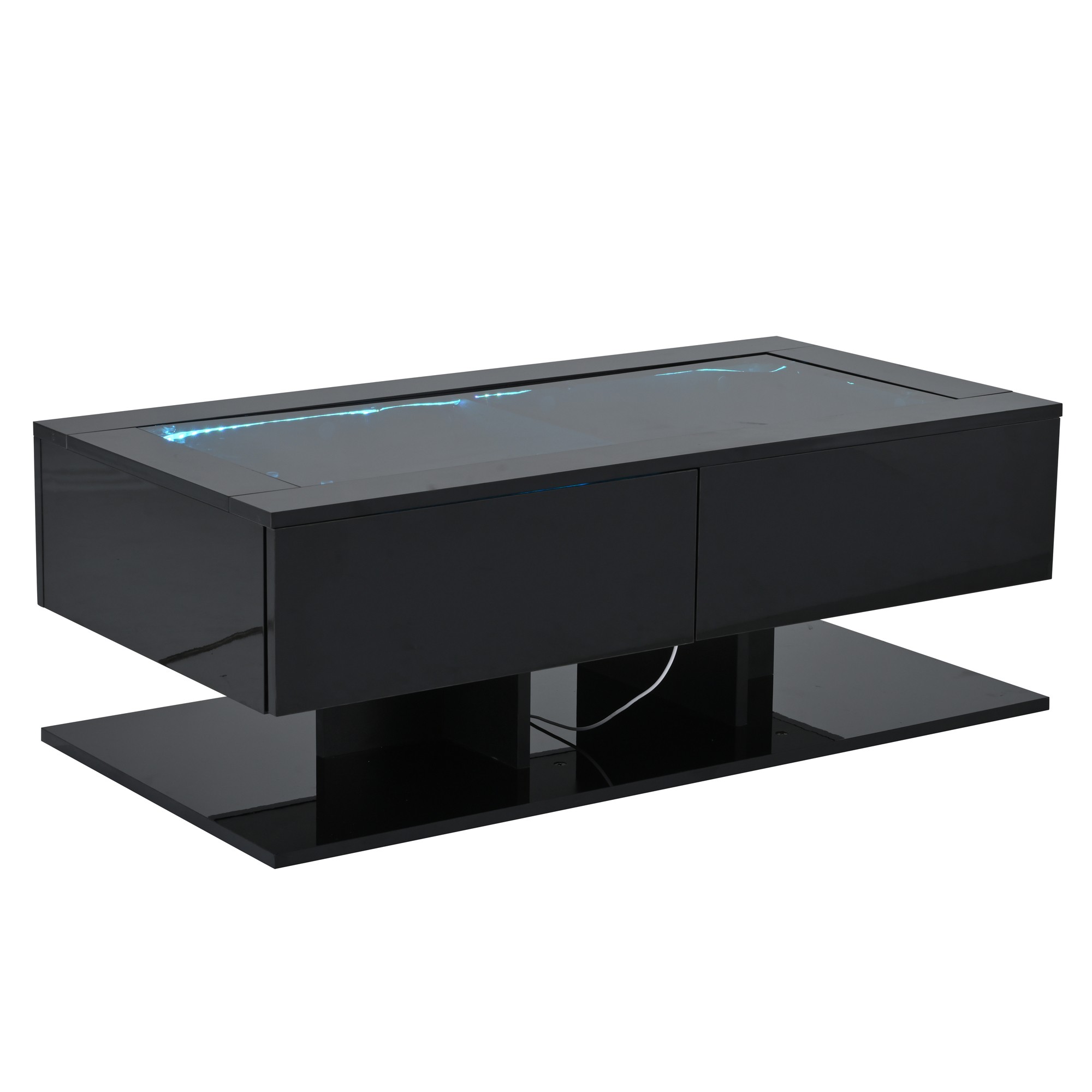 Table basse avec tiroirs ouverts et verre trempé
