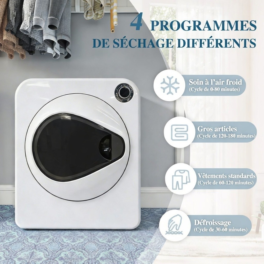Sèche-linge compact blanc avec tambour inox visible