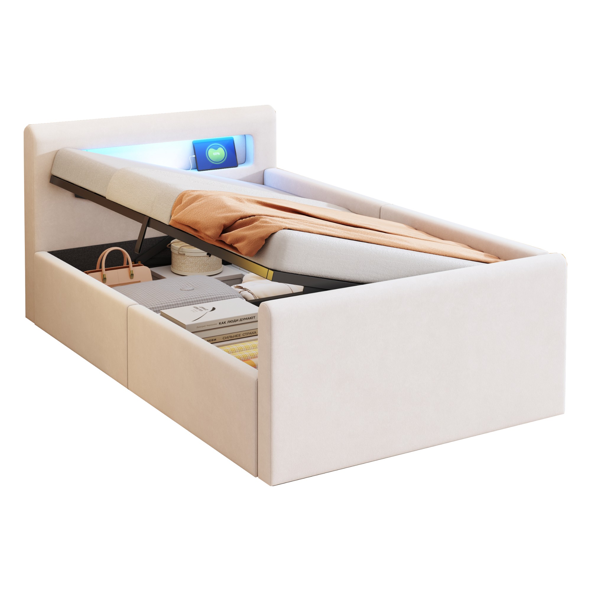 Lit rembourré 90x200 beige velours