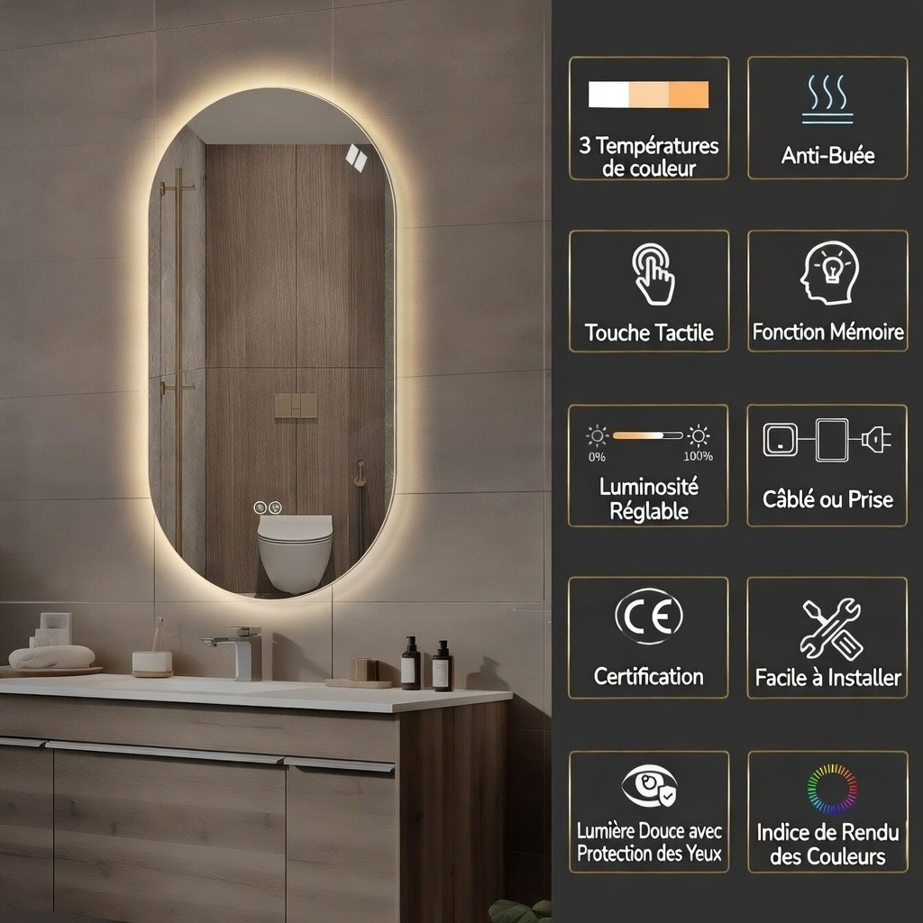 Miroir LED salle de bain 60x120 cm allumé mode blanc