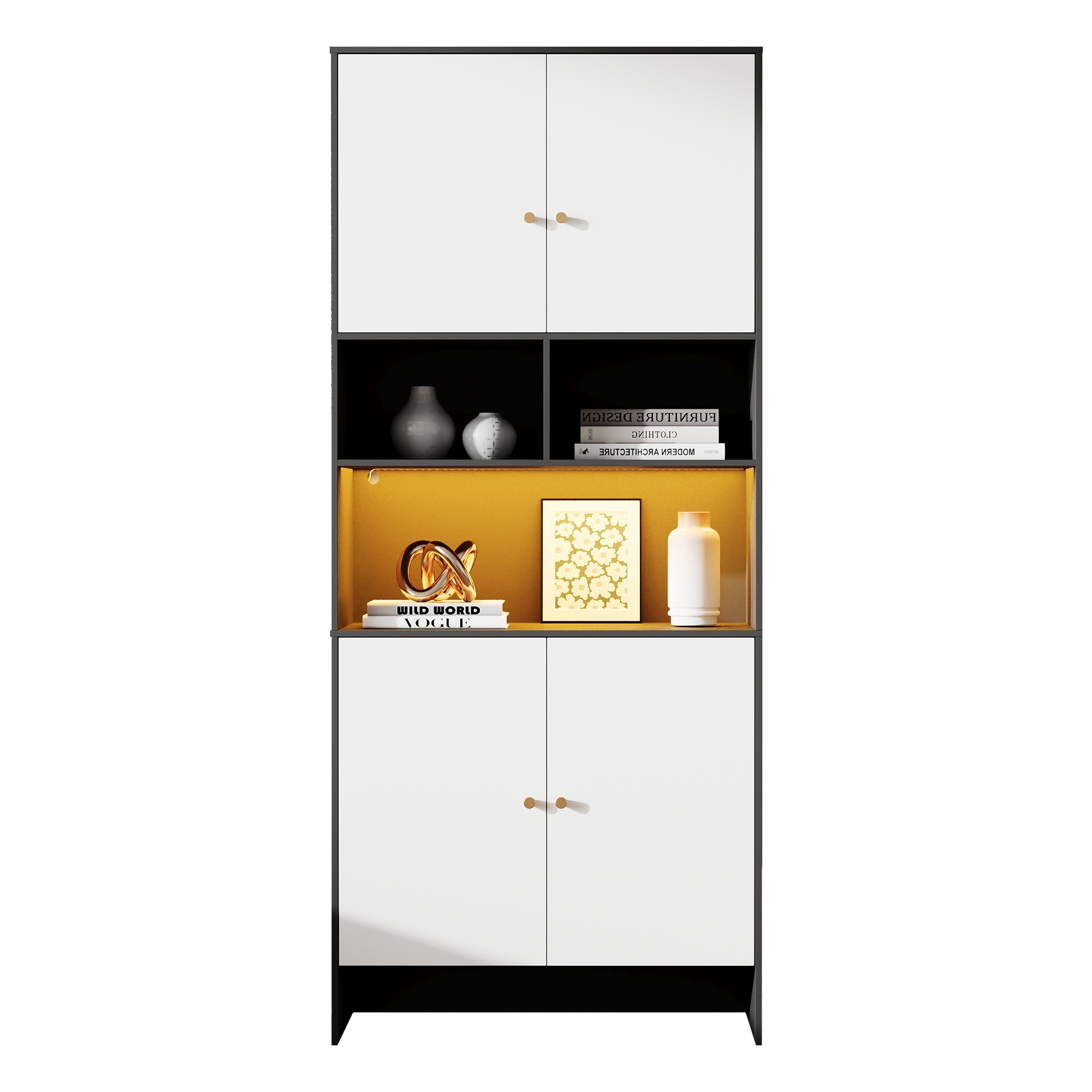 Meuble buffet noir et blanc avec portes et niches ouvertes