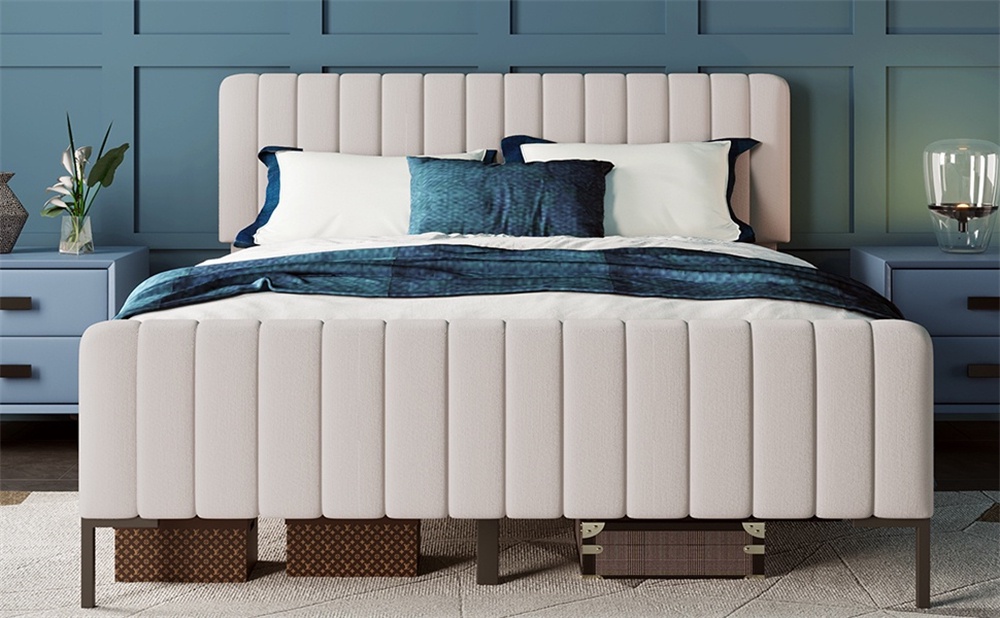 Lit Double 160x200 Avec Sommier à Lattes – Tête De Lit Capitonnée En Tissu Chenille – Sans Matelas – Beige Ou Gris