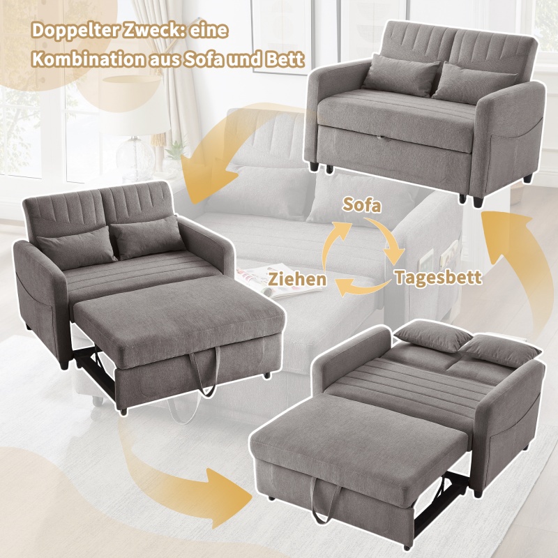 Canapé Convertible 2 Places Avec Dossier Réglable Porte-gobelets Coussins Fonction Couchage Gris