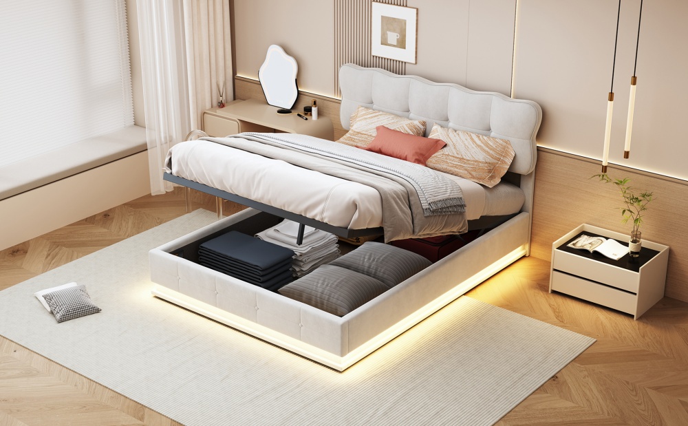 Lit Coffre 140x190 Cm Avec éclairage De Lecture - Système Hydraulique De Stockage - Tissu En Velours Et Sommier à Lattes – Idéal Pour Adolescents Et Adultes – Gris