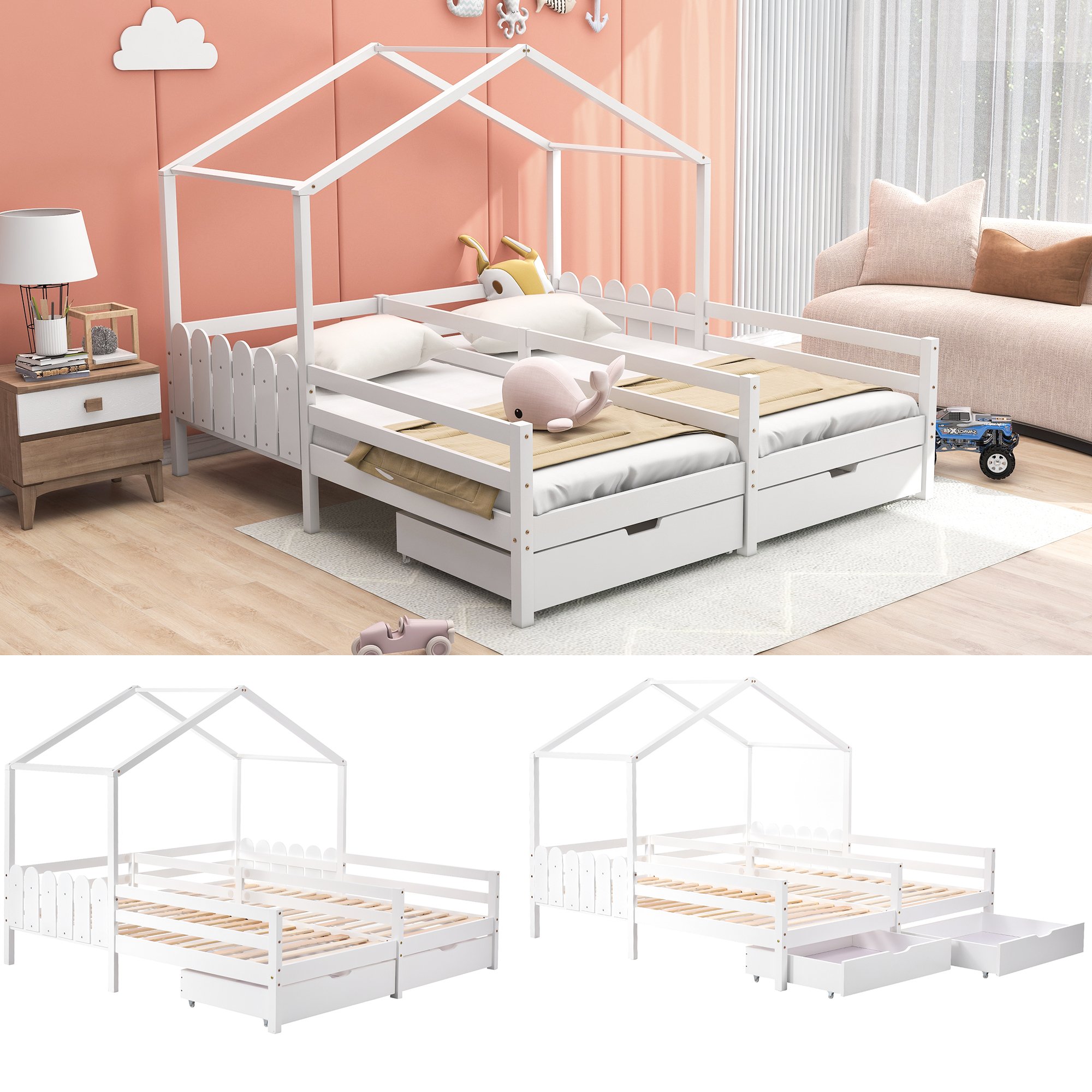 Letto Per Bambini 90x200cm/90x200cm, Casa Letto Per 2 Bambini Con Letto Matrimoniale Diviso, 2 Cassetti Su Rotelle, Protezione Anticaduta E Rete A Doghe In Legno Di Pino, Due Letti Singoli Letti Per R -Armonia Casa AAHKMJXYDAFdJAOAIMEbOAchX Ni0V6kW5l0kMox3xvg Um7 Tw80jTACKwMoRfr II=
