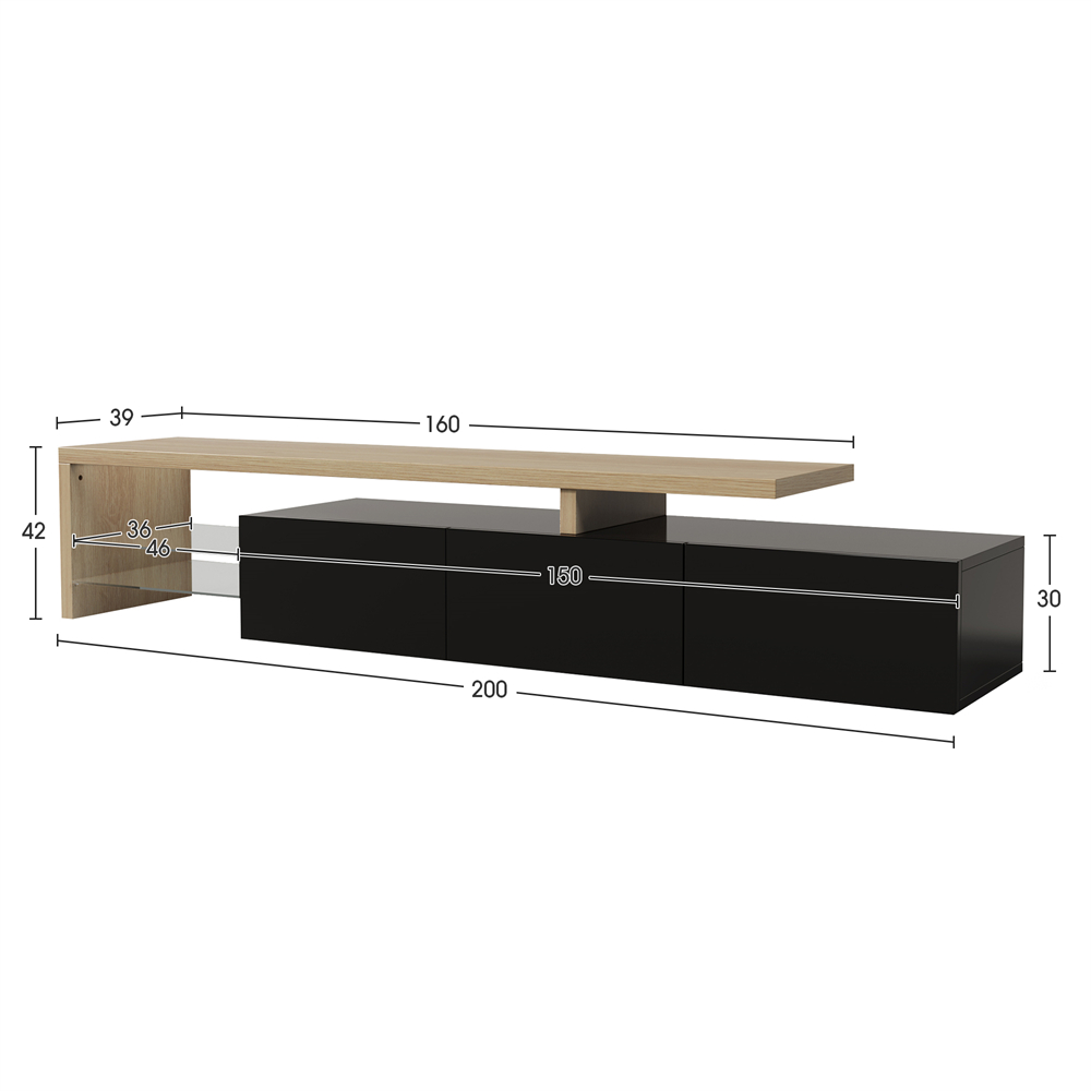 MMT Furniture Designs Meuble TV en Bois avec lumières LED Noir Brillant 200  cm