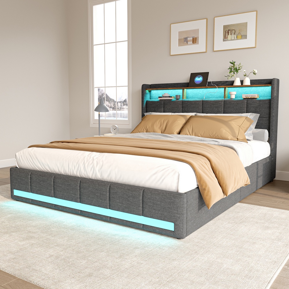 Struttura letto matrimoniale 140 x 200 cm, quattro cassetti grandi, testiera con LED, beige, lino