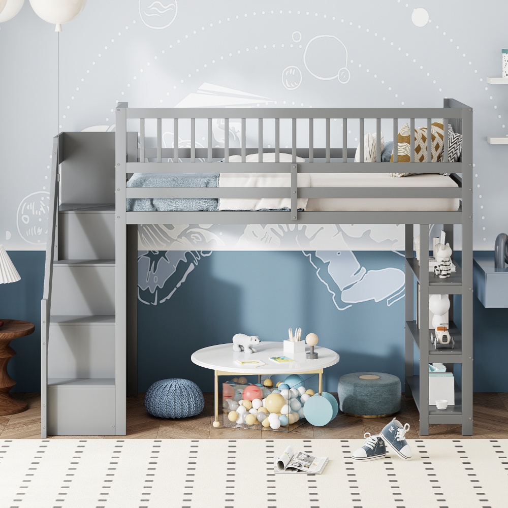 Lit Mezzanine Enfant 140x200 Cm Avec Bureau Et Rangements - Blanc, Pin Et MDF - Éclairage LED, échelle Rangement
