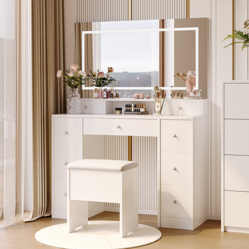 Set Toeletta Con Specchio A Forma Di Ventaglio E Sgabello Imbottito Tavolo Da Trucco Con 3 Cassetti Bianco