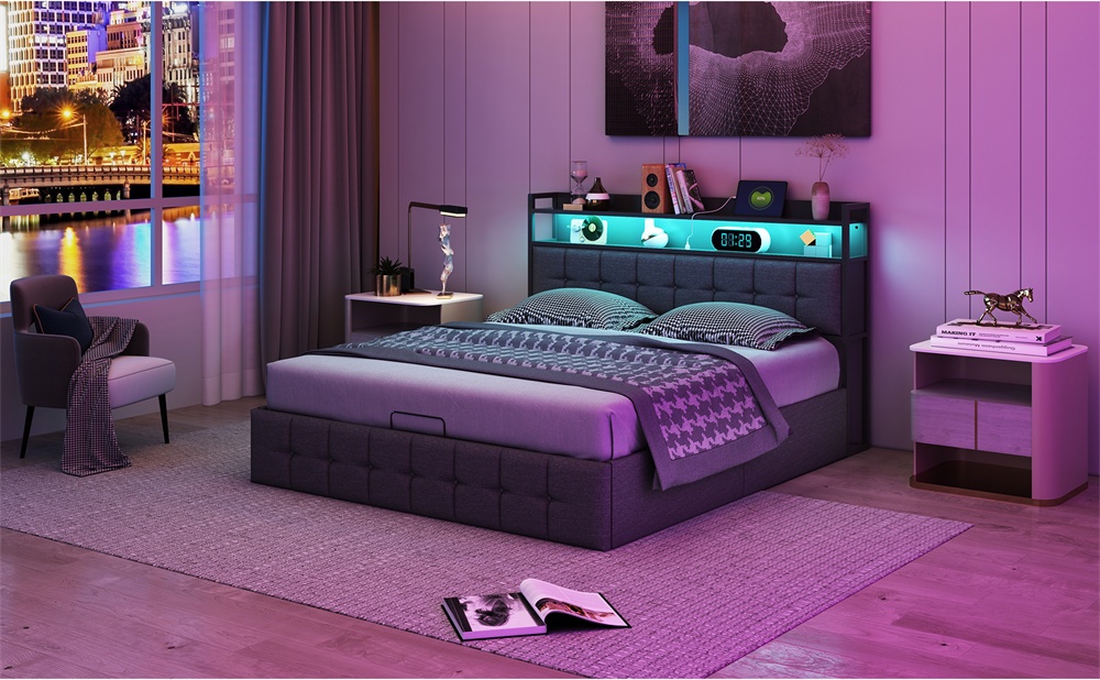 Letto Matrimoniale Imbottito Con Contenitore E Luci LED - Struttura Con Testiera Regolabile, Porta USB E Ricarica Wireless - Bianco 146x202 Cm