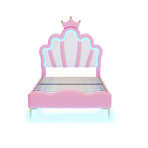Cama Infantil Tapizada Con LED Forma Corona De Princesa - 90x200 Cm, Color Rosa/blanco, Con Somier De Láminas, Sin Colchón