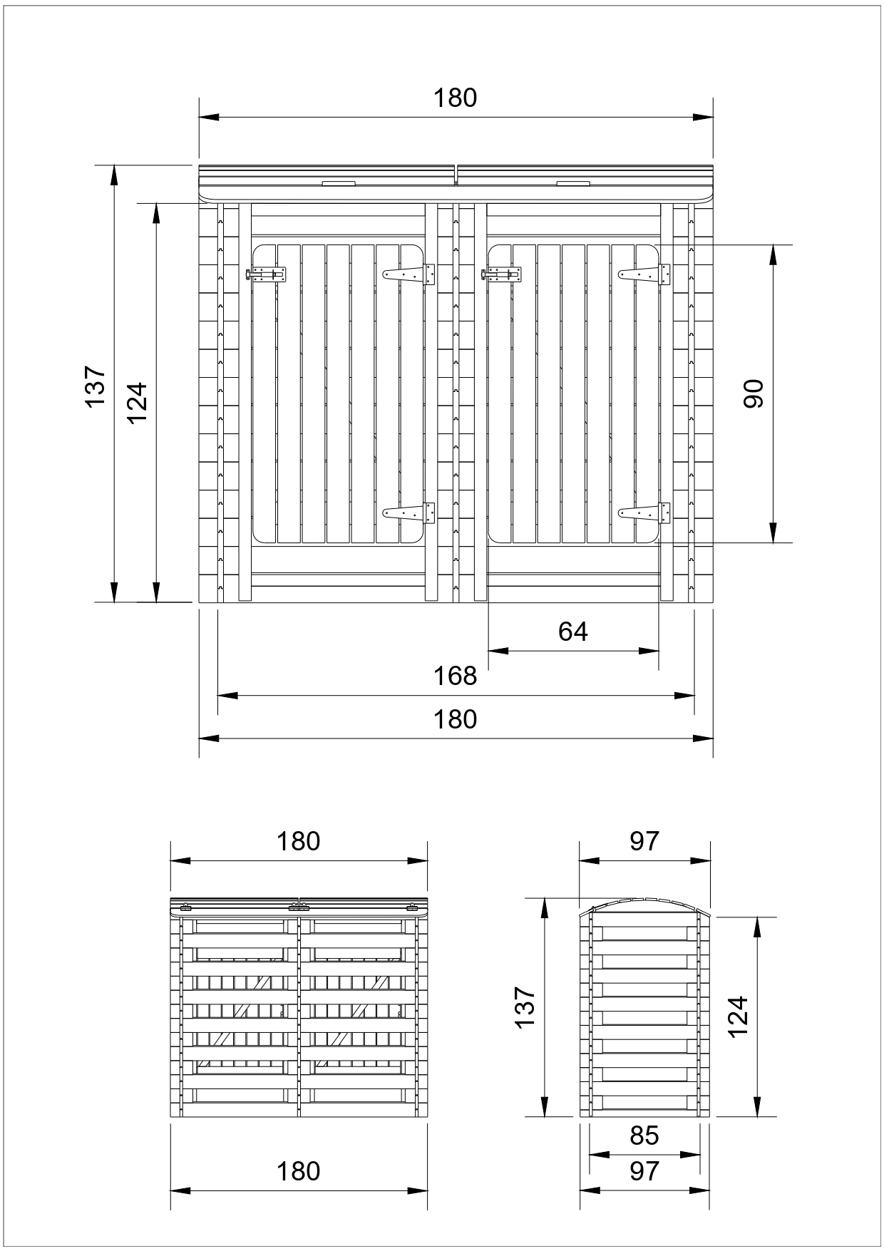 Cache poubelle double en bois à portes verrouillables, abris poubelles de  jardin pour entreposage de 2 bacs poubelles standard de 240 litres 180cm x  97cm x h137 cm timbela M605 TIMBELA - Conforama